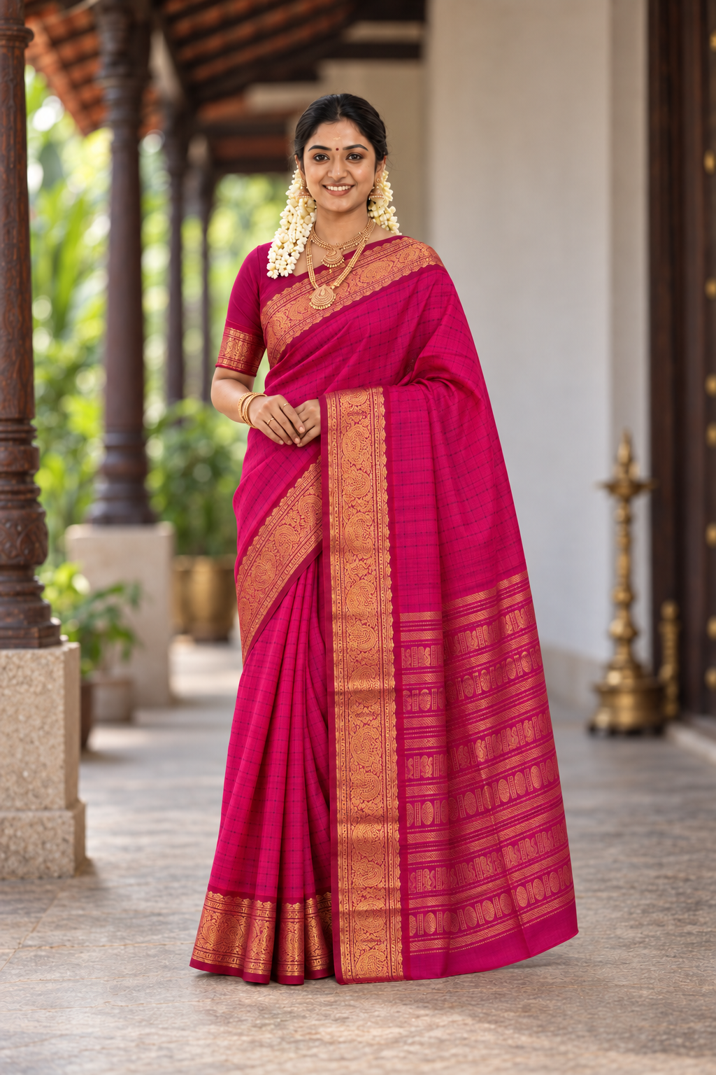 Pink Bridal Silk Cotton Saree With Laksha Deepam Design Pattern