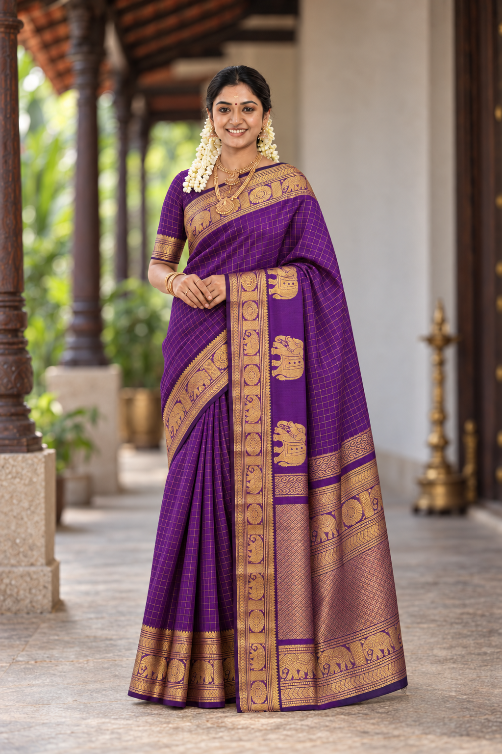 Purple Bridal Silk Cotton Saree With Zari Checked Pattern