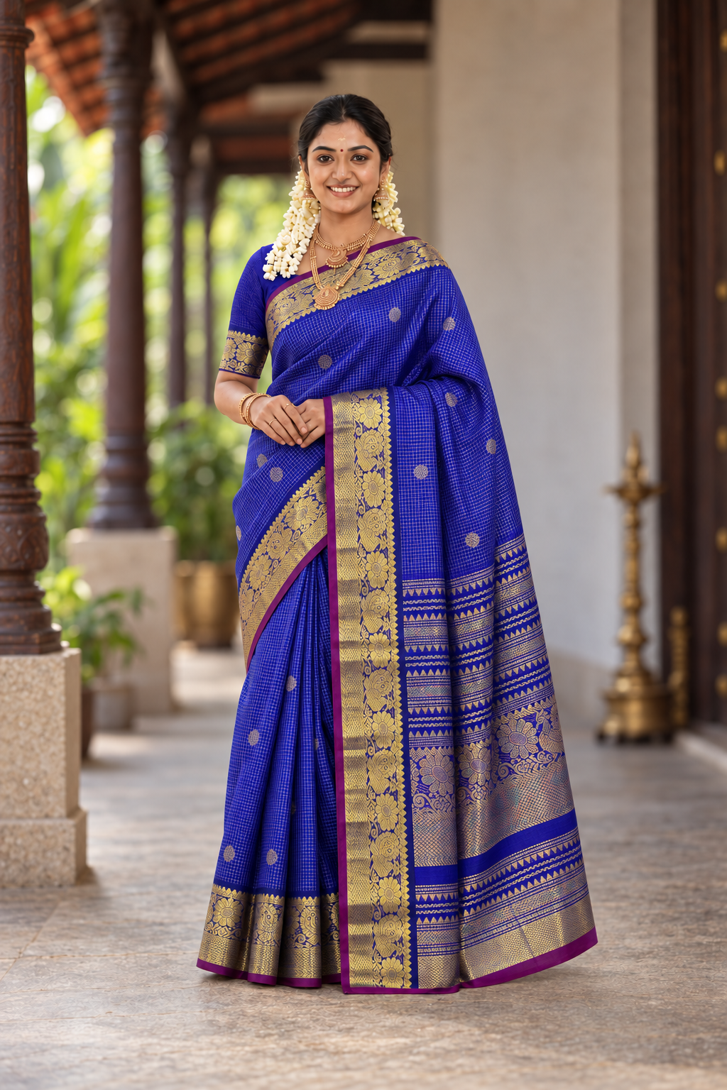Dark Blue Bridal Silk Cotton Saree With Zari Checked Pattern