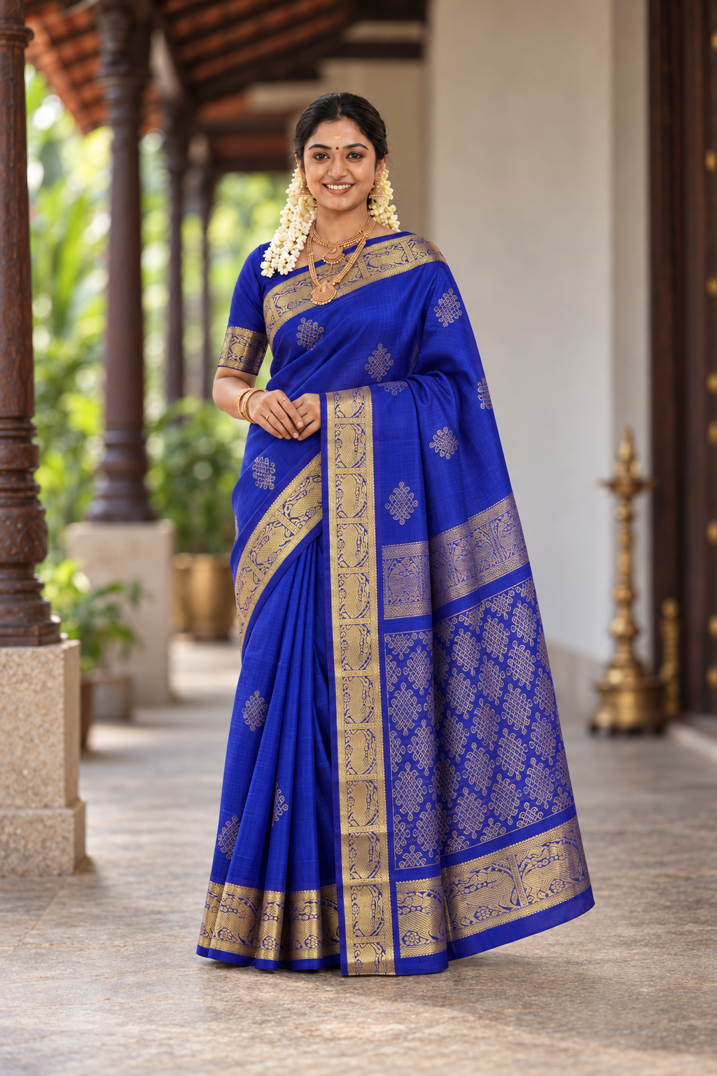 Dark Blue Bridal Silk Cotton Saree With Zari Buttas Pattern
