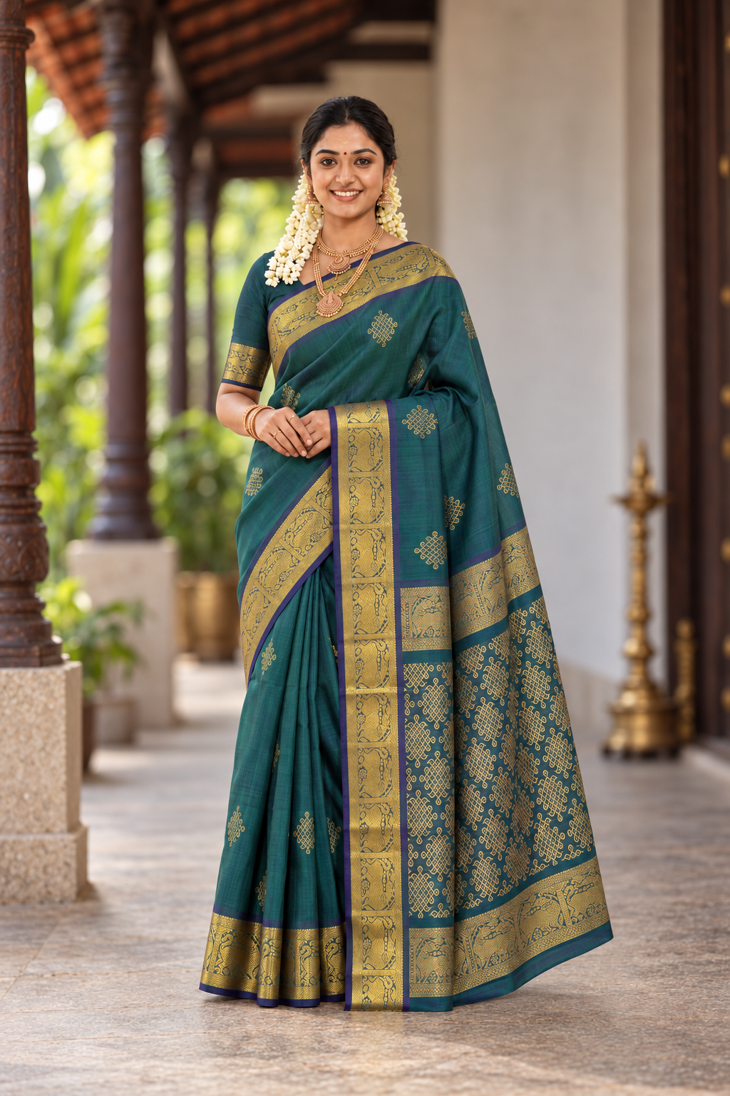 Dark Green Bridal Silk Cotton Saree With Zari Buttas Pattern