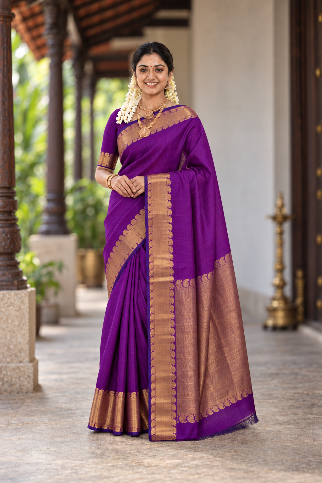 Violet Bridal Silk Cotton Saree With Plain Pattern