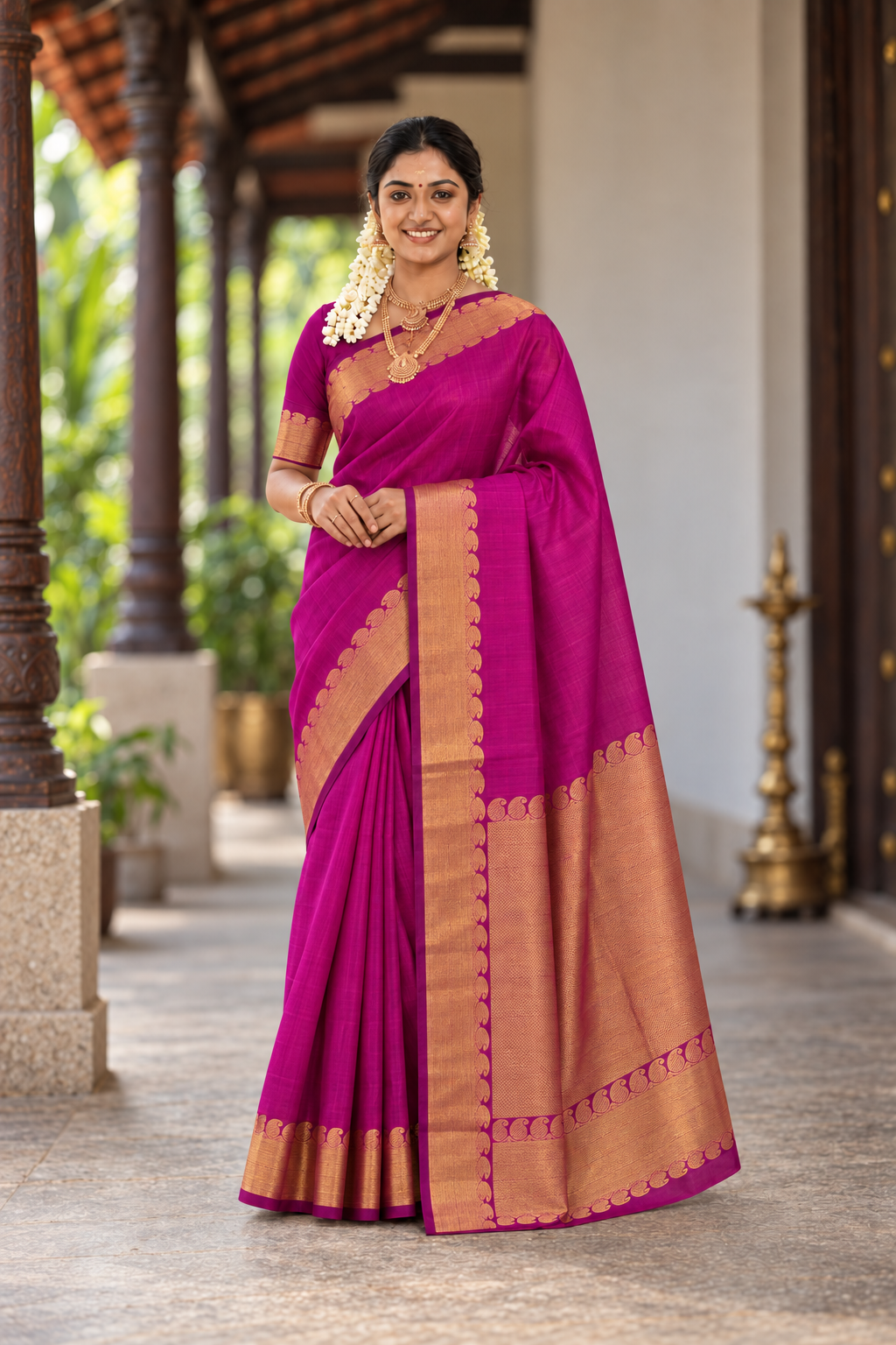 Magenta Pink Bridal Silk Cotton Saree With Plain Pattern