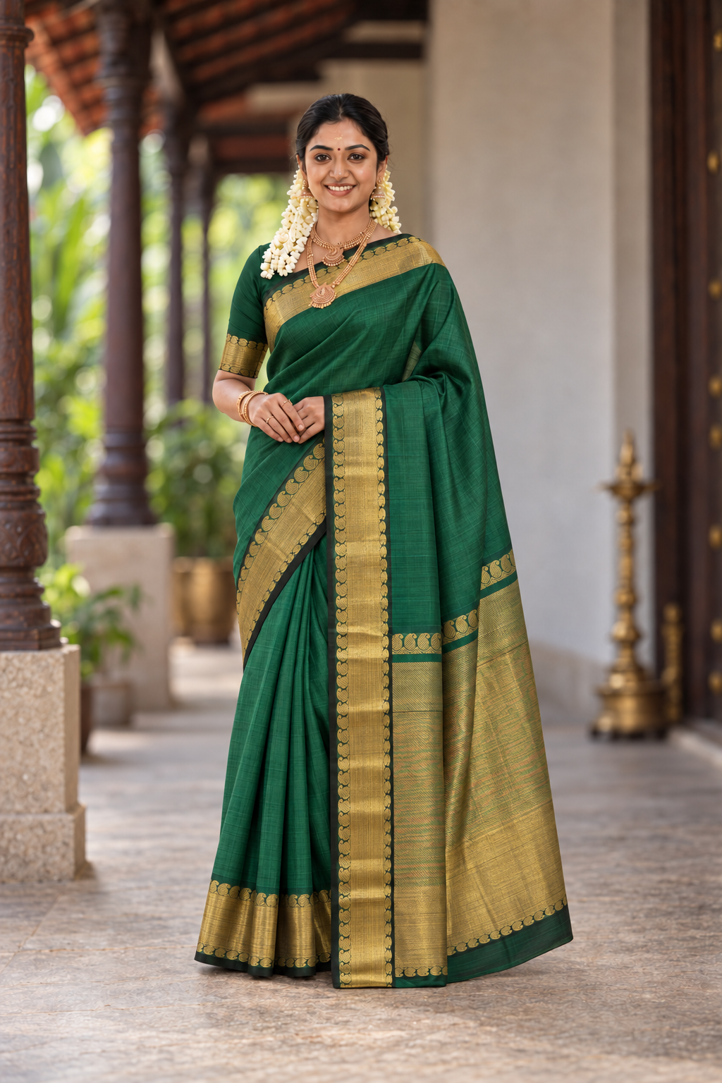Bottle Green Bridal Silk Cotton Saree With Plain Pattern