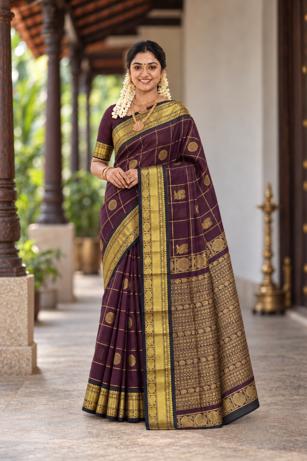 Coffee Brown Bridal Silk Cotton Saree With Mayil Chakram Butta Pattern
