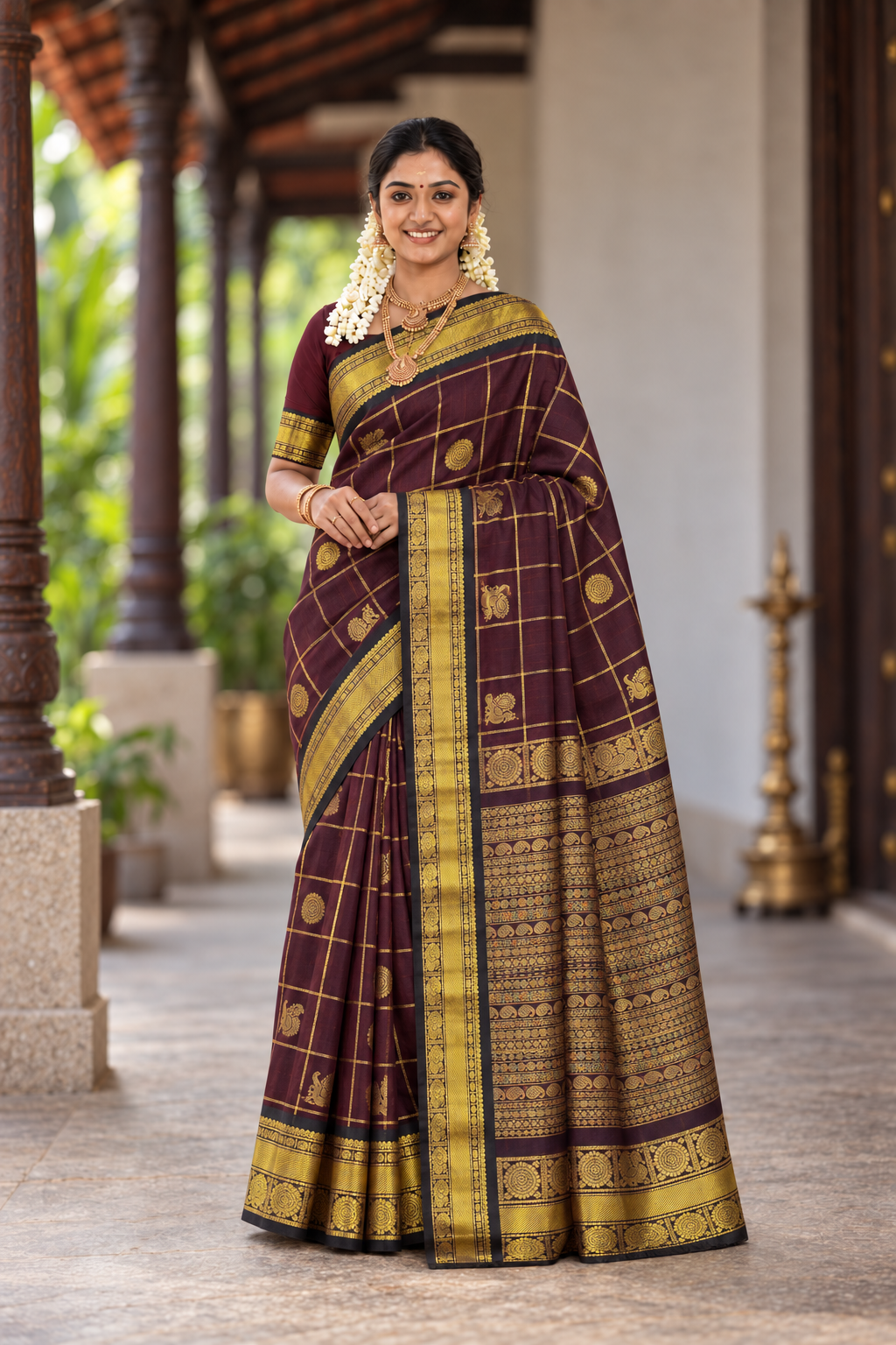 Coffee Brown Bridal Silk Cotton Saree With Mayil Chakram Butta Pattern