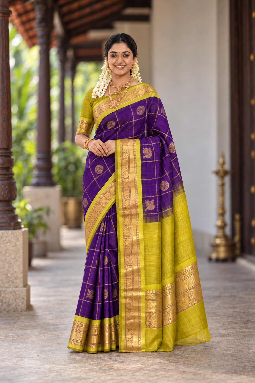 Violet Bridal Silk Cotton Saree With Mayil Chakram Butta Pattern