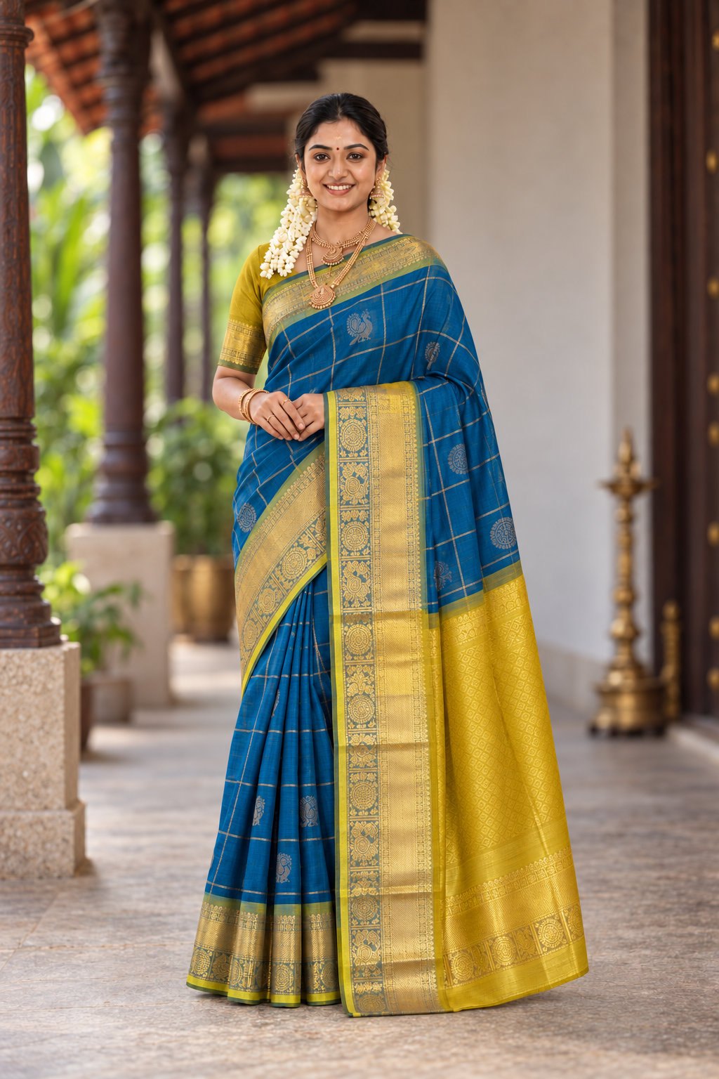 Blue Bridal Silk Cotton Saree With Mayil Chakram Butta Pattern