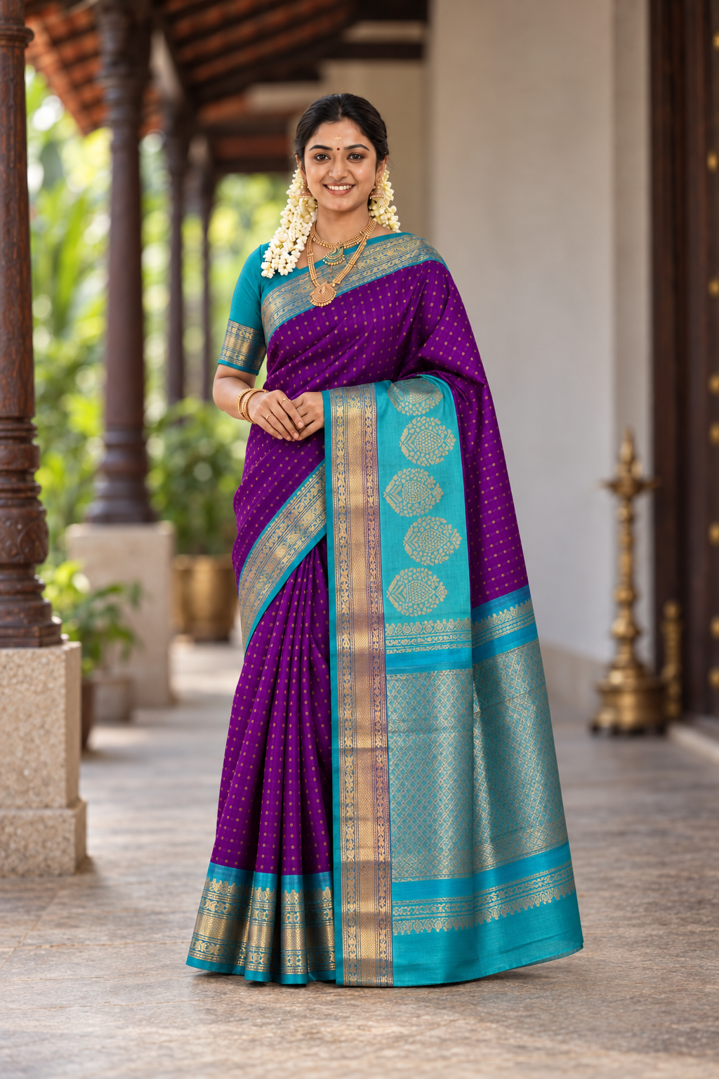 Purple Bridal Silk Cotton Saree With Laksha Deepam Design Pattern