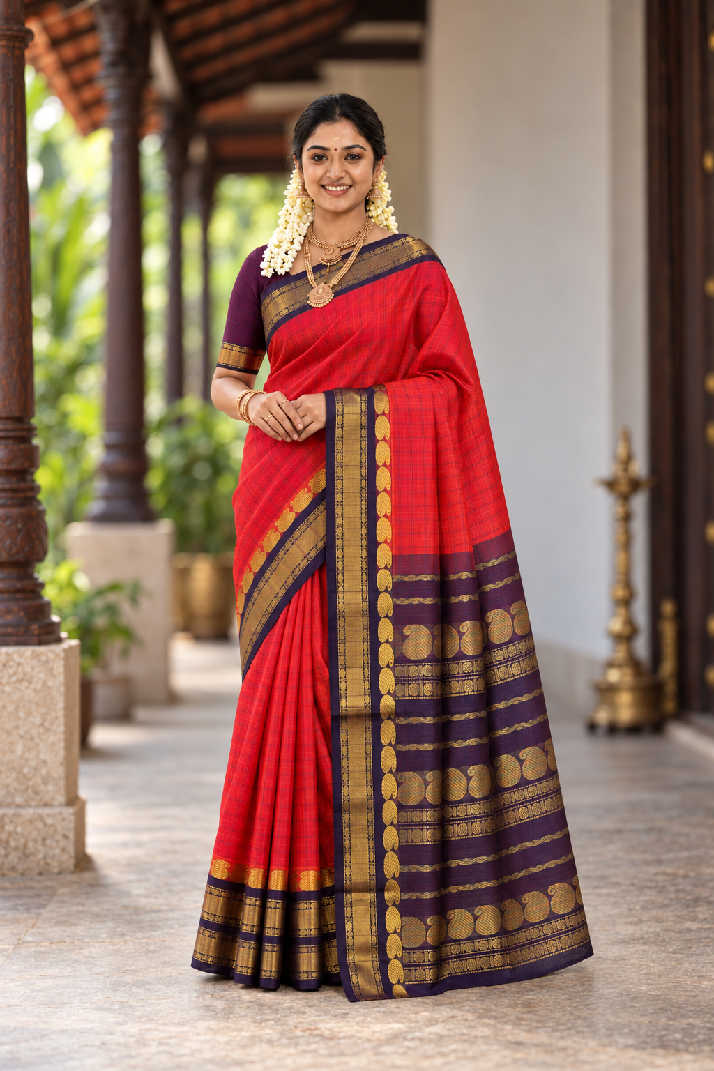 Red Korvai Silk Cotton Saree With Checked Pattern