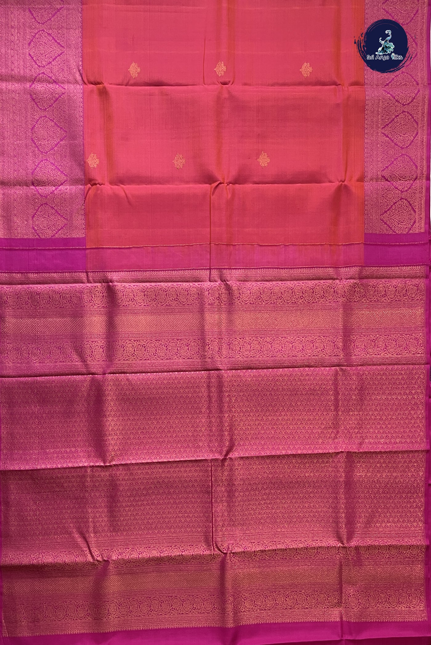 Orange Korvai Contrast Silk Saree With Pink Blouse & Buttas Pattern