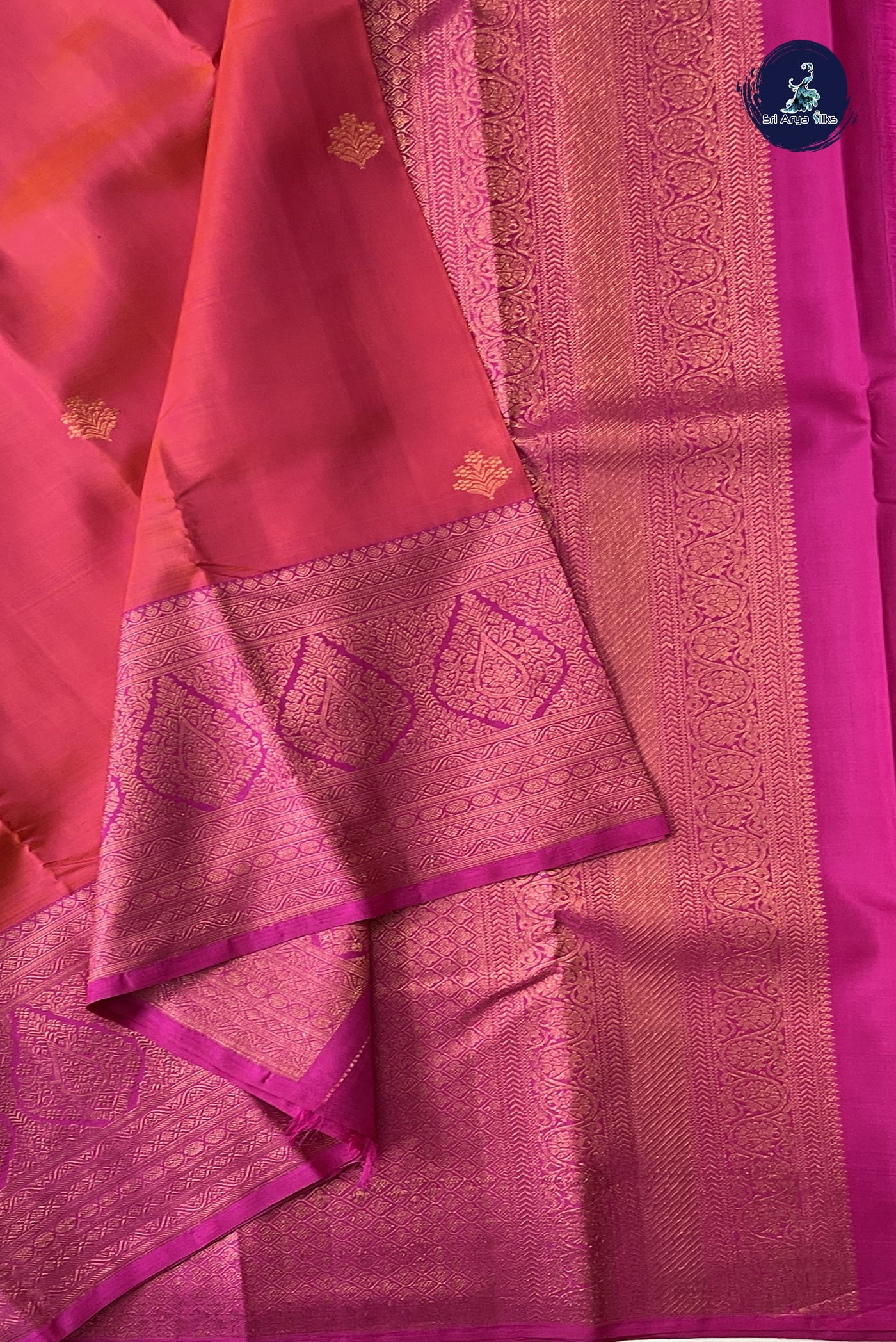 Orange Korvai Contrast Silk Saree With Pink Blouse & Buttas Pattern