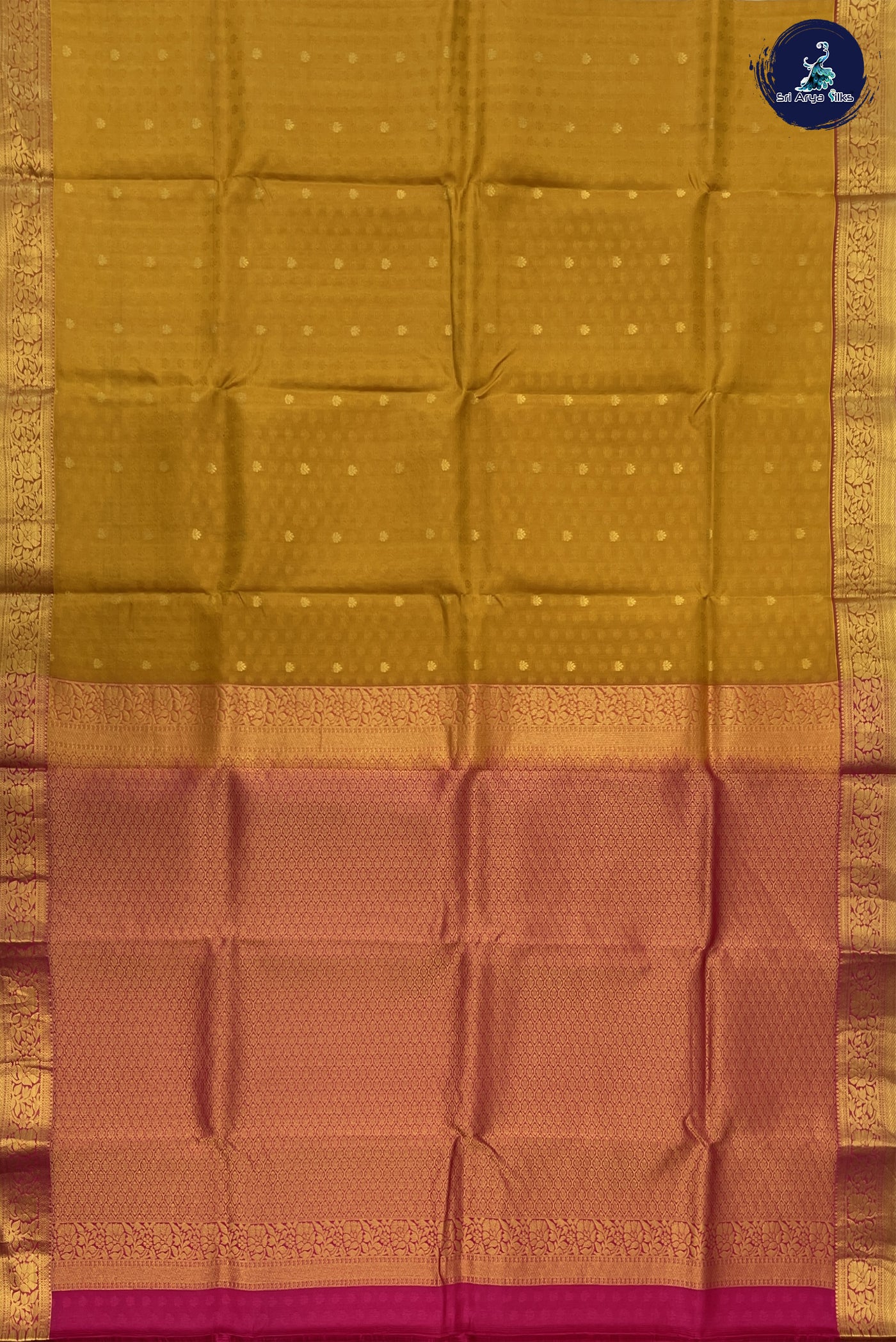Mustard Yellow Embosed Saree With Pink Blouse & Buttas Pattern