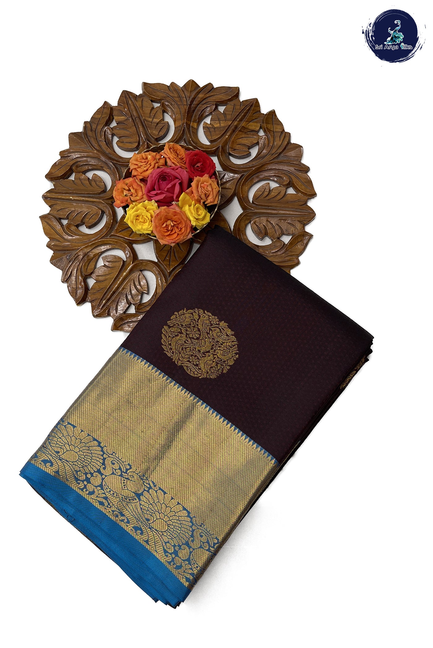 Coffee Brown Embosed Saree With Copper Sulphate Blue Blouse & Buttas Pattern