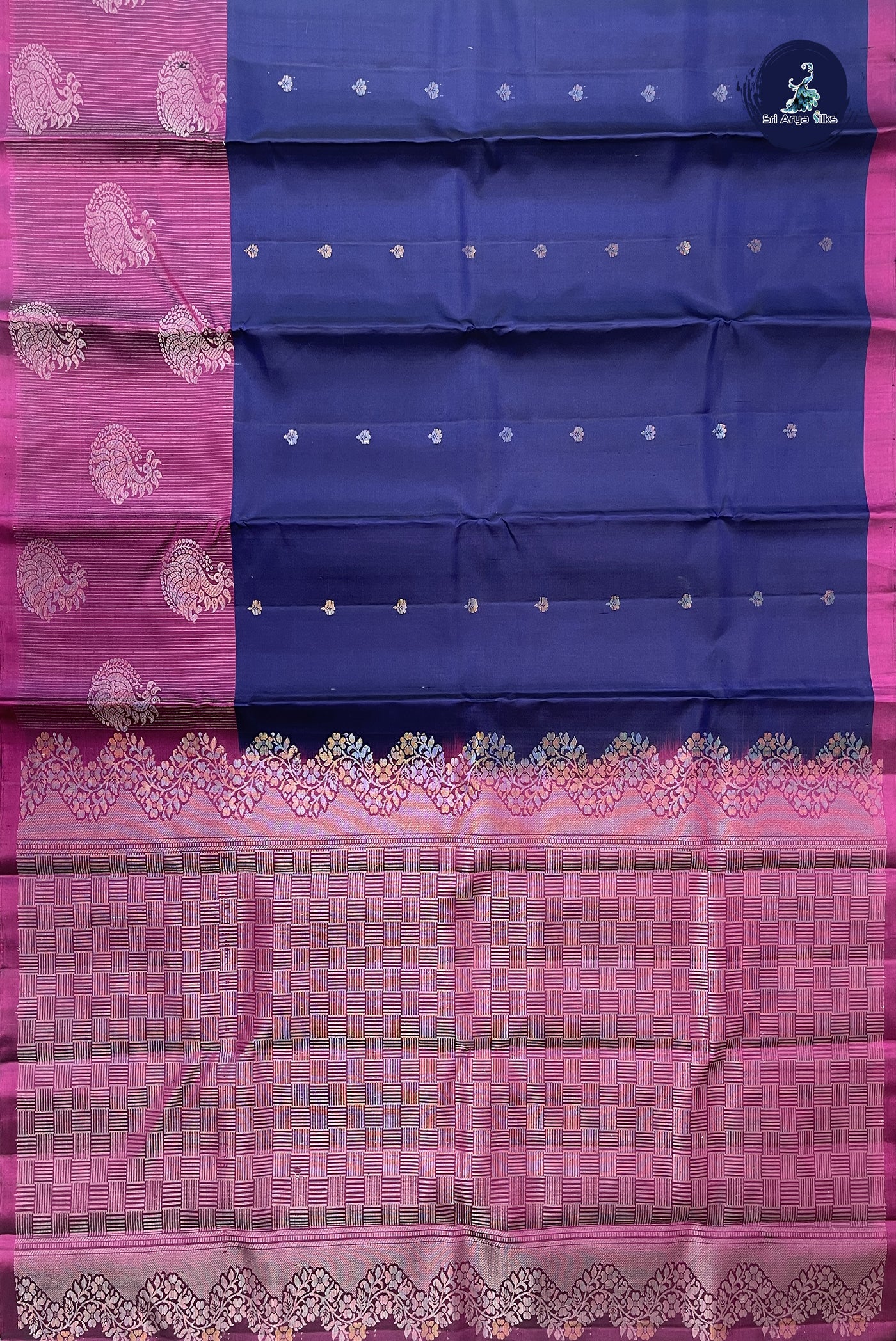 Navy Blue Soft Silk Saree With Zari Buttas Pattern