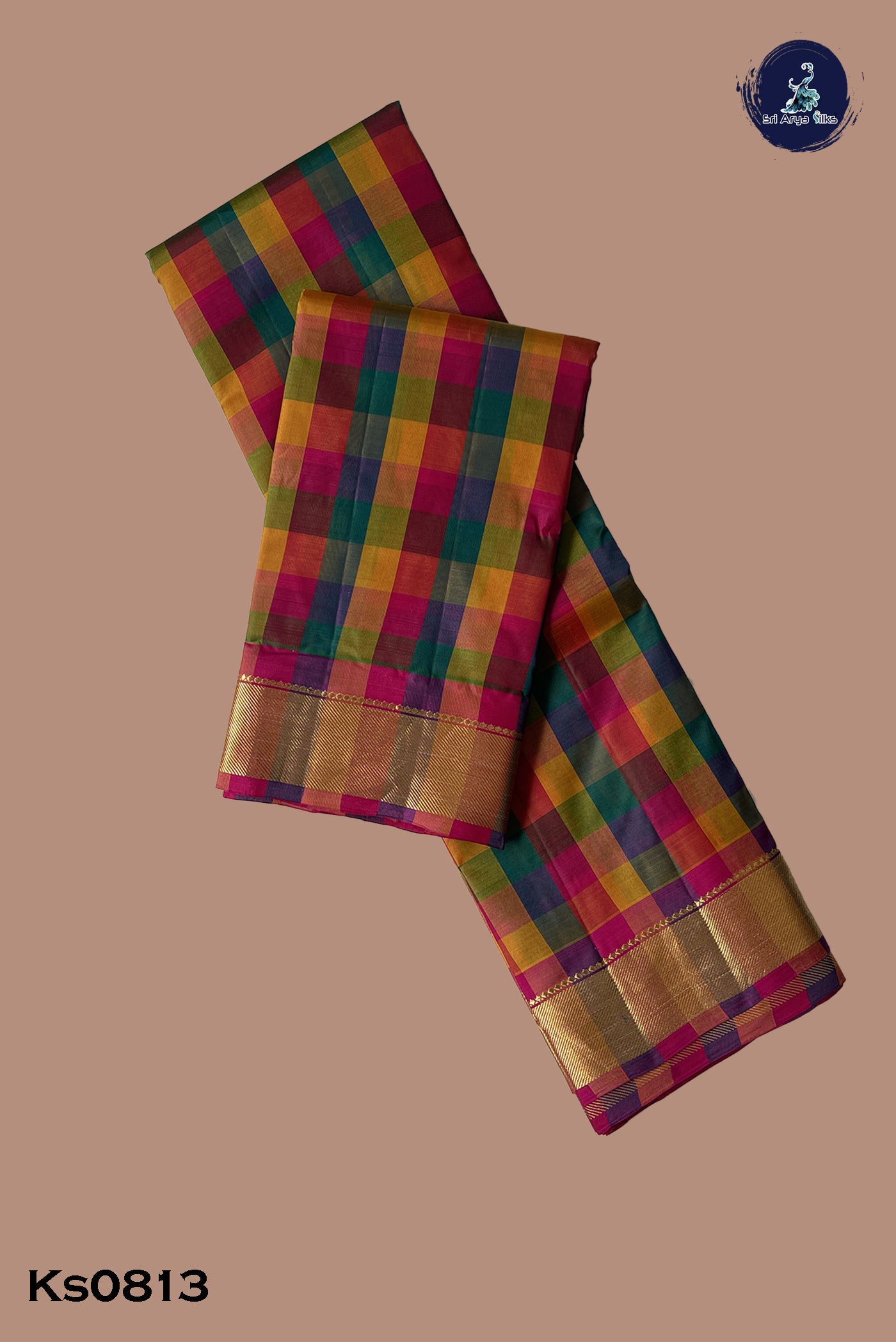 Multi Colour Light Weight Silk Saree With Checked Pattern