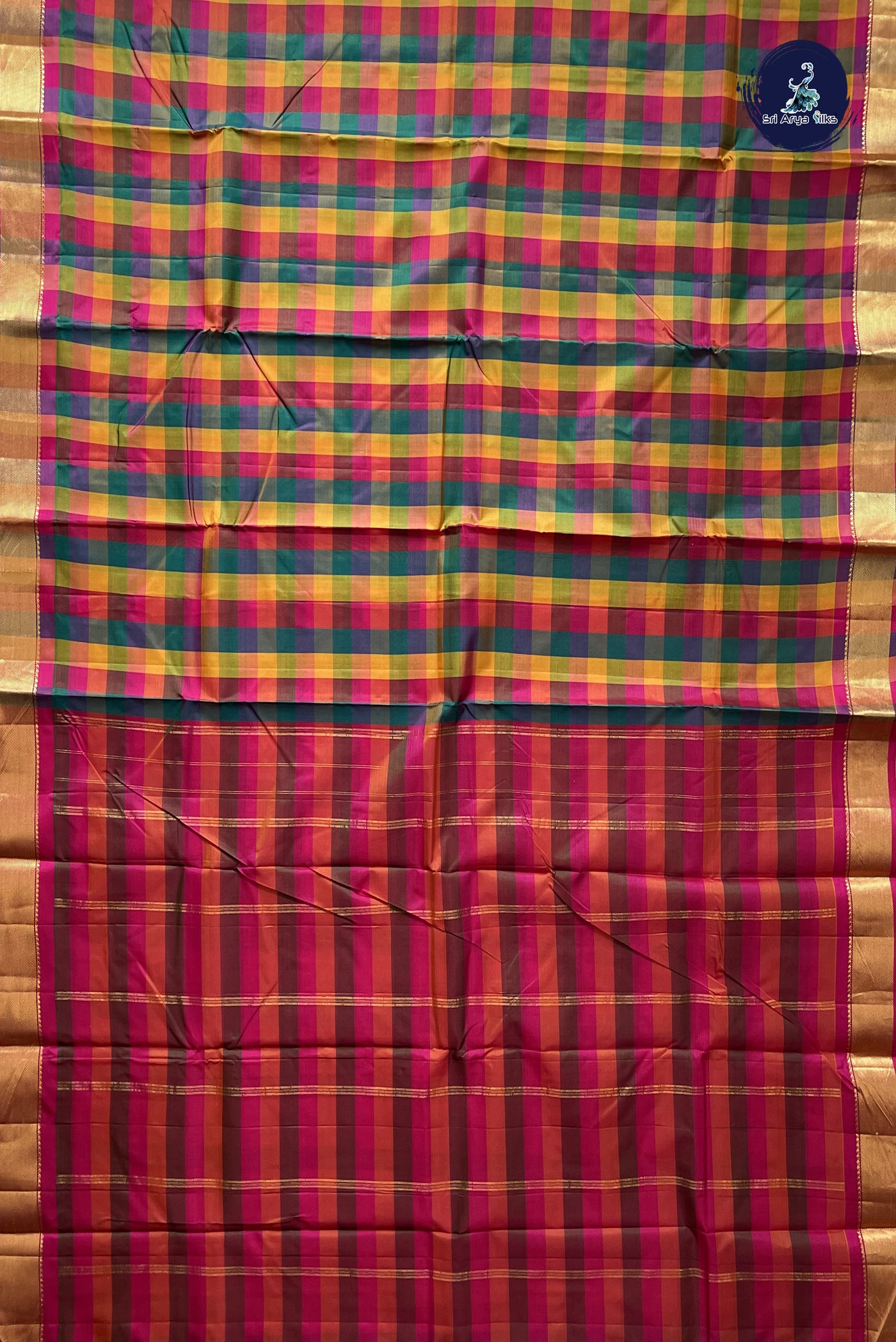 Multi Colour Light Weight Silk Saree With Checked Pattern