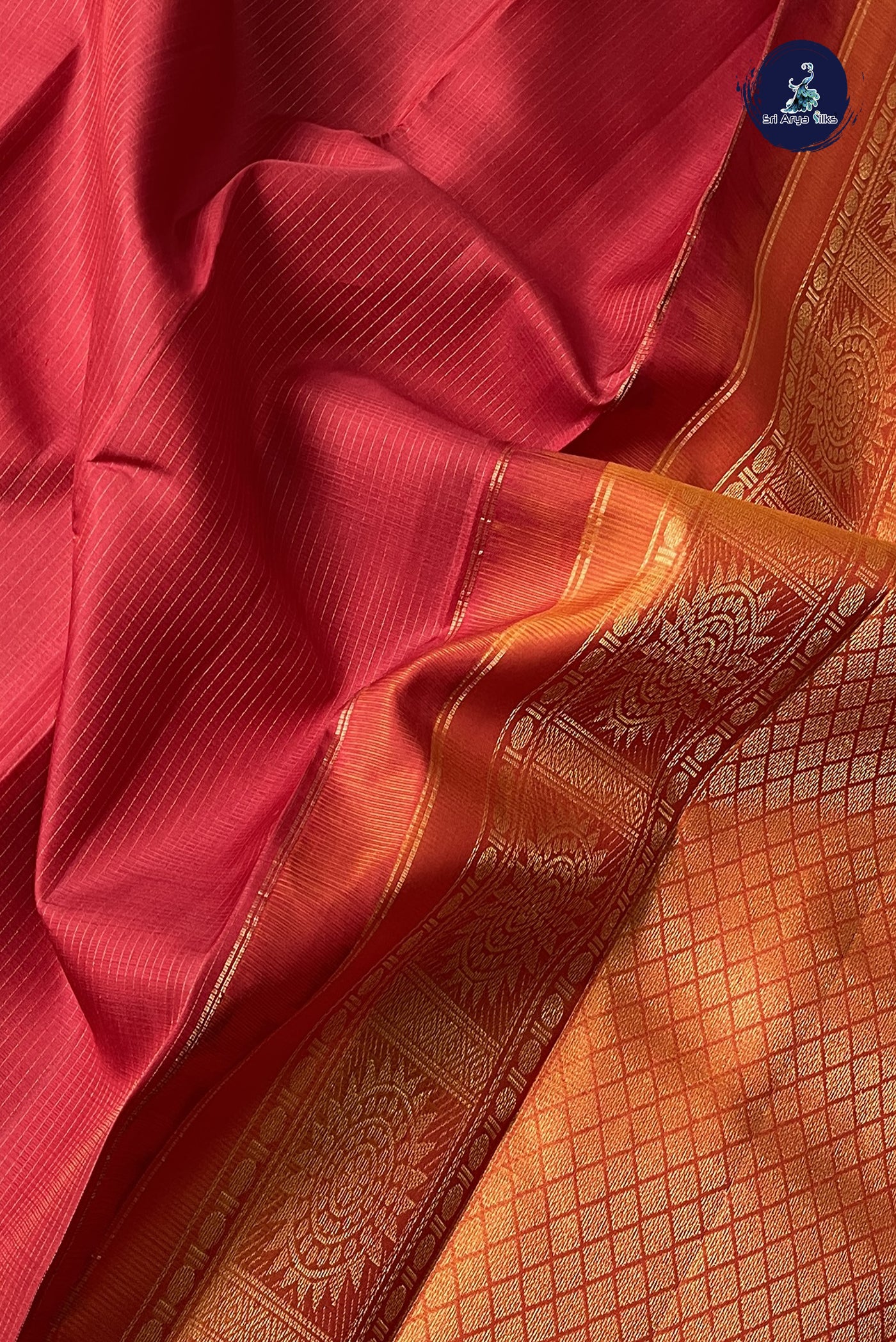 Brick Red Light Weight Silk Saree With Stripes Pattern