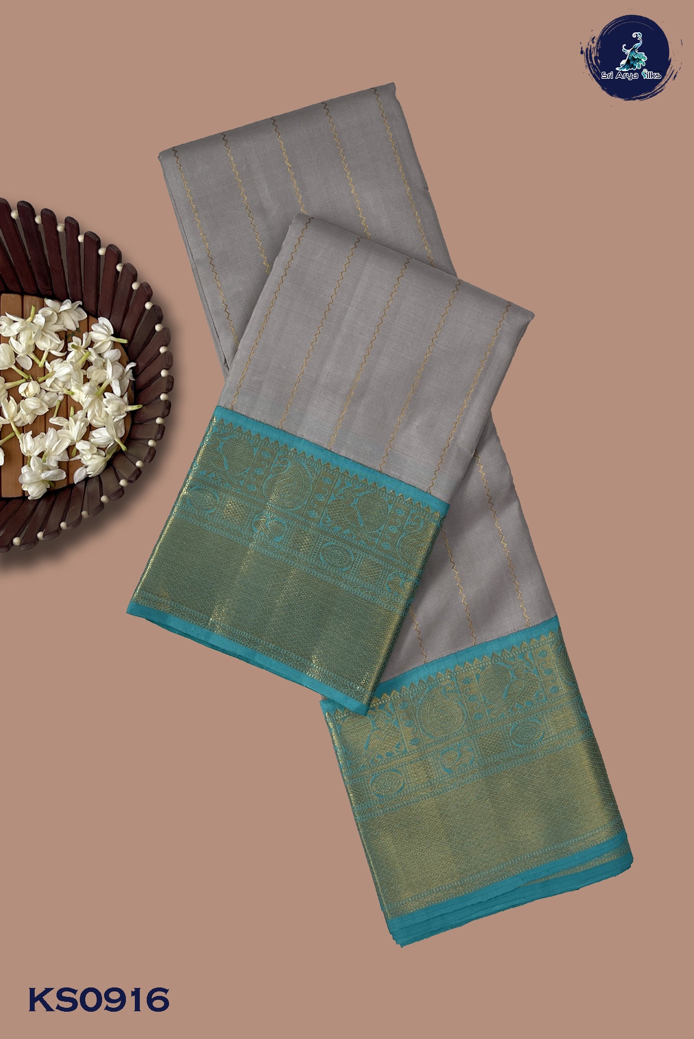 Silver Grey Korvai Contrast Silk Saree With Stripes Pattern