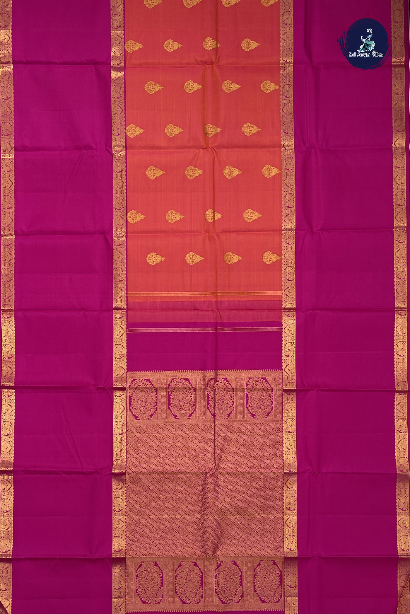 Pinkish Orange Bridal Silk Saree With Muppagam / 3 Part Pattern