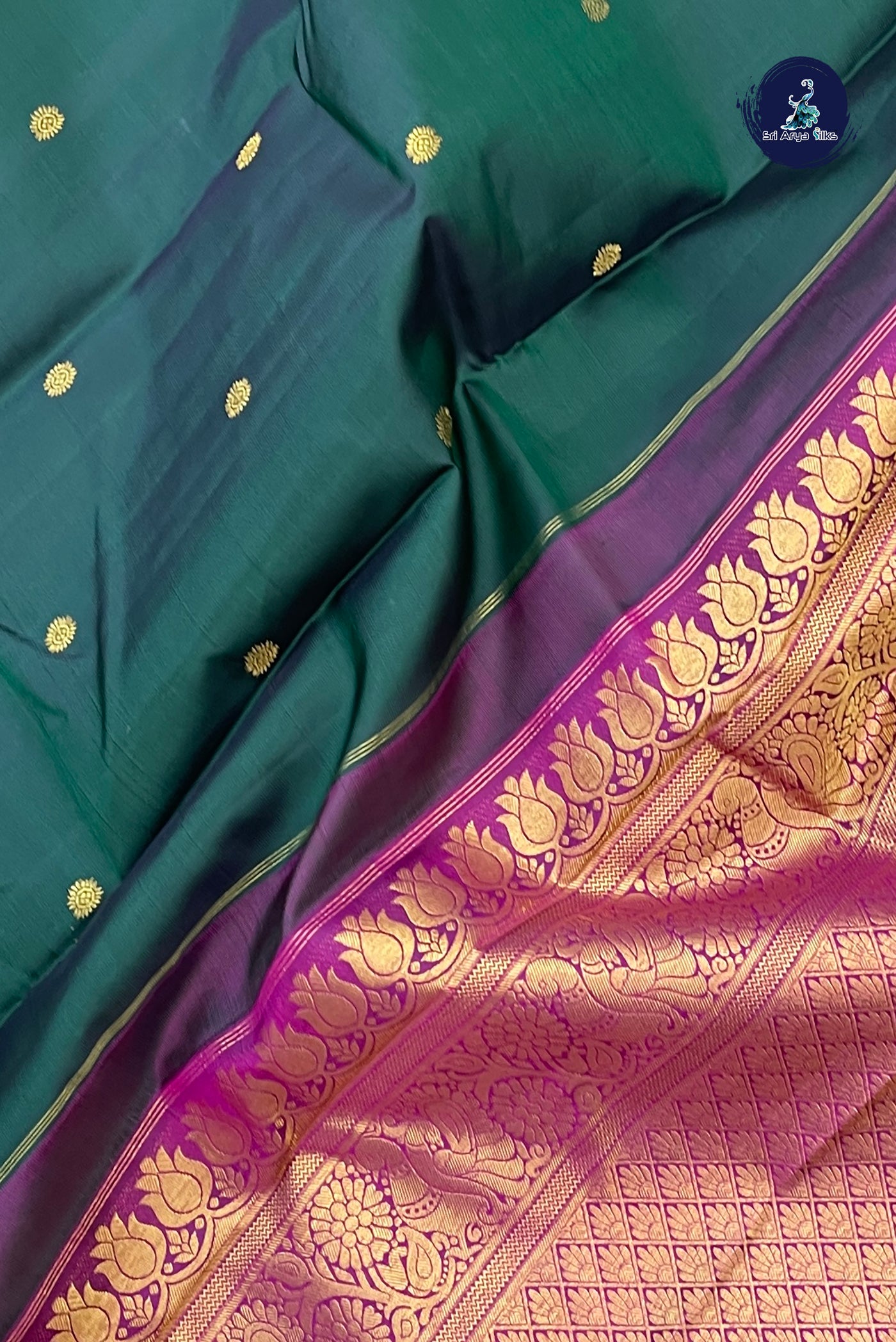 Bottle Green Bridal Silk Saree With Zari Butta Pattern