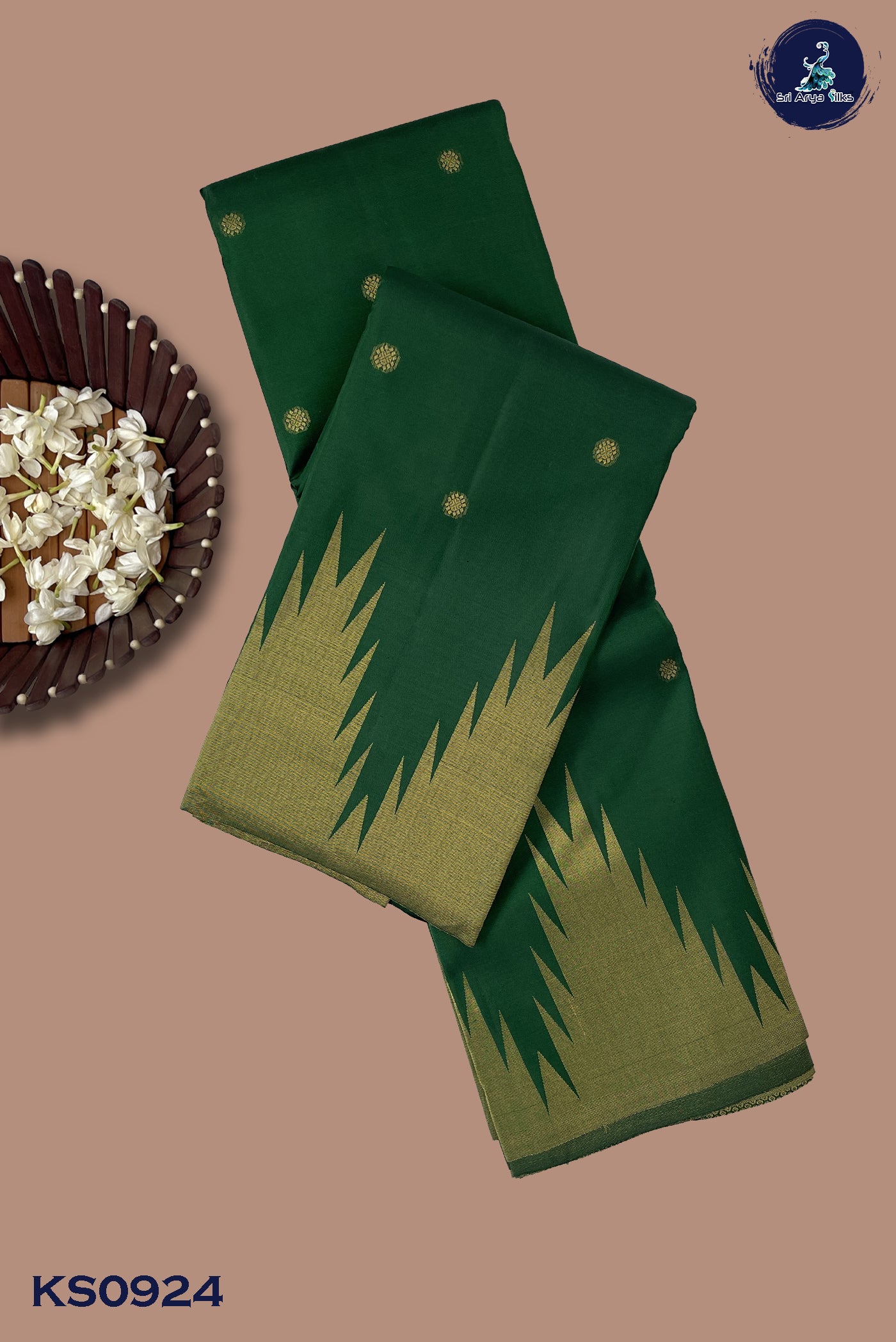 Dark Green Korvai Contrast Bridal Silk Saree With Zari Buttas Pattern