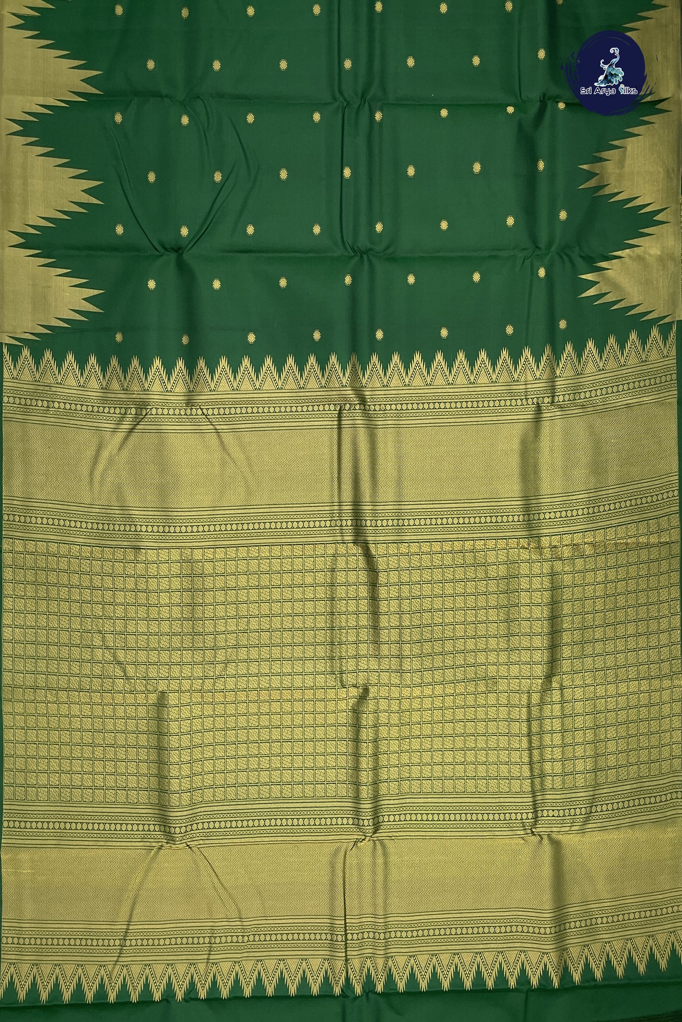 Dark Green Korvai Contrast Bridal Silk Saree With Zari Buttas Pattern