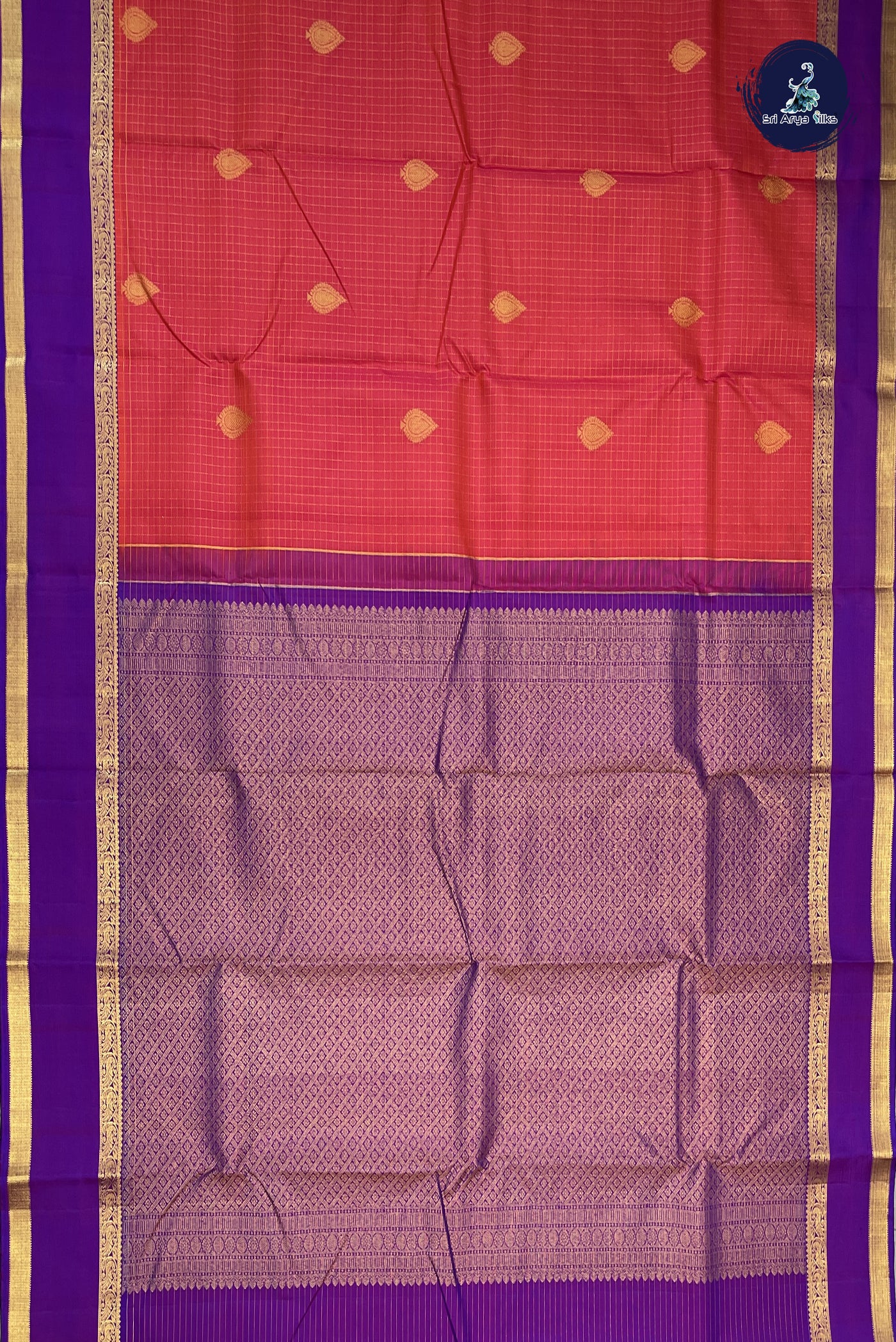 Pinkish Orange Bridal Silk Saree With Zari Checked Pattern