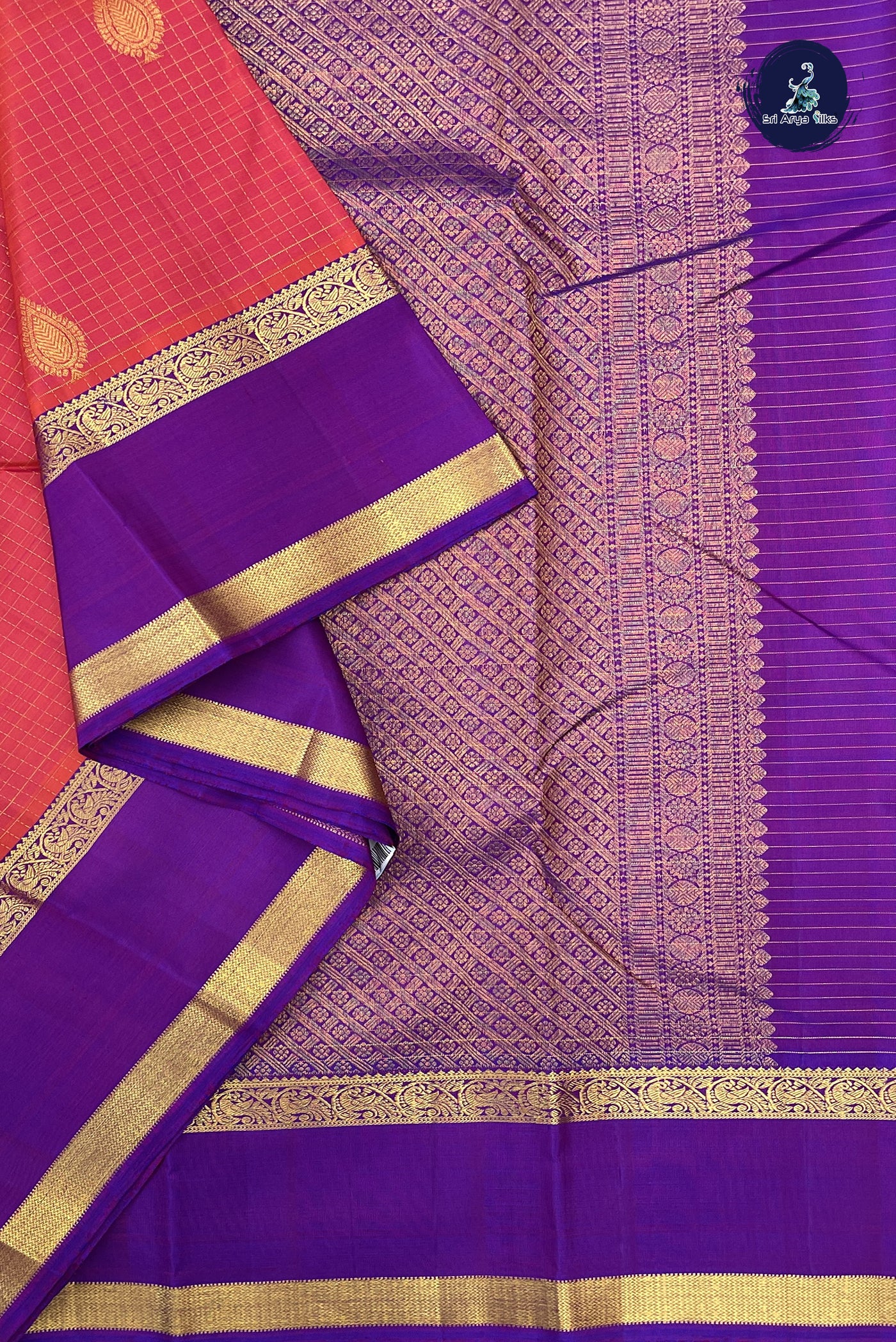 Pinkish Orange Bridal Silk Saree With Zari Checked Pattern