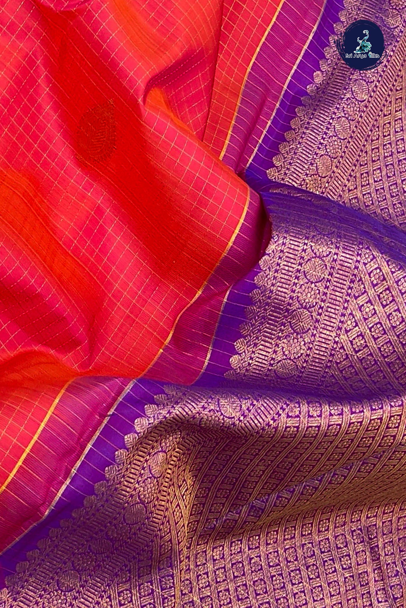 Pinkish Orange Bridal Silk Saree With Zari Checked Pattern