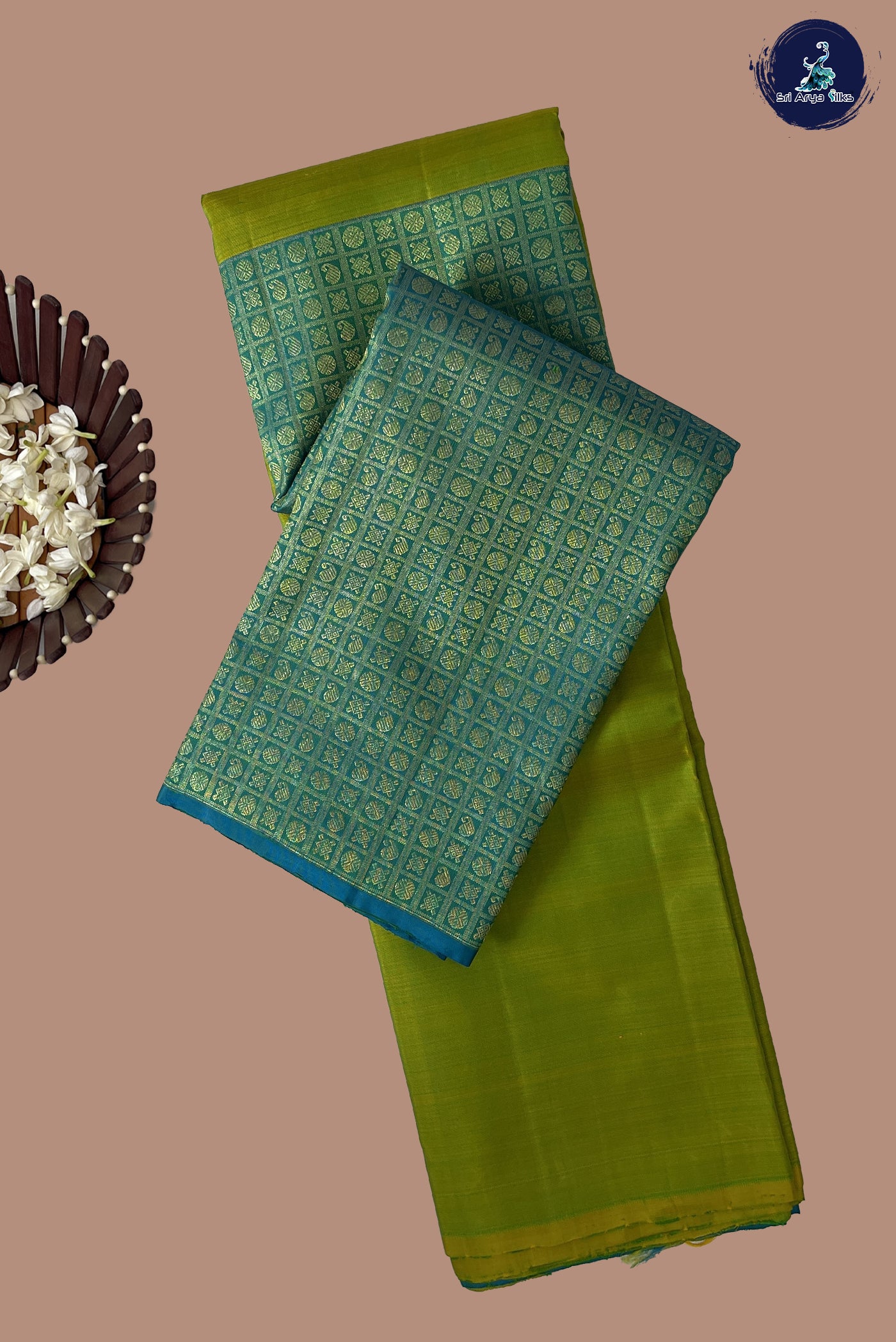 Yellowish Green Half and Half Checked Silk Saree With Jacquard Pattern