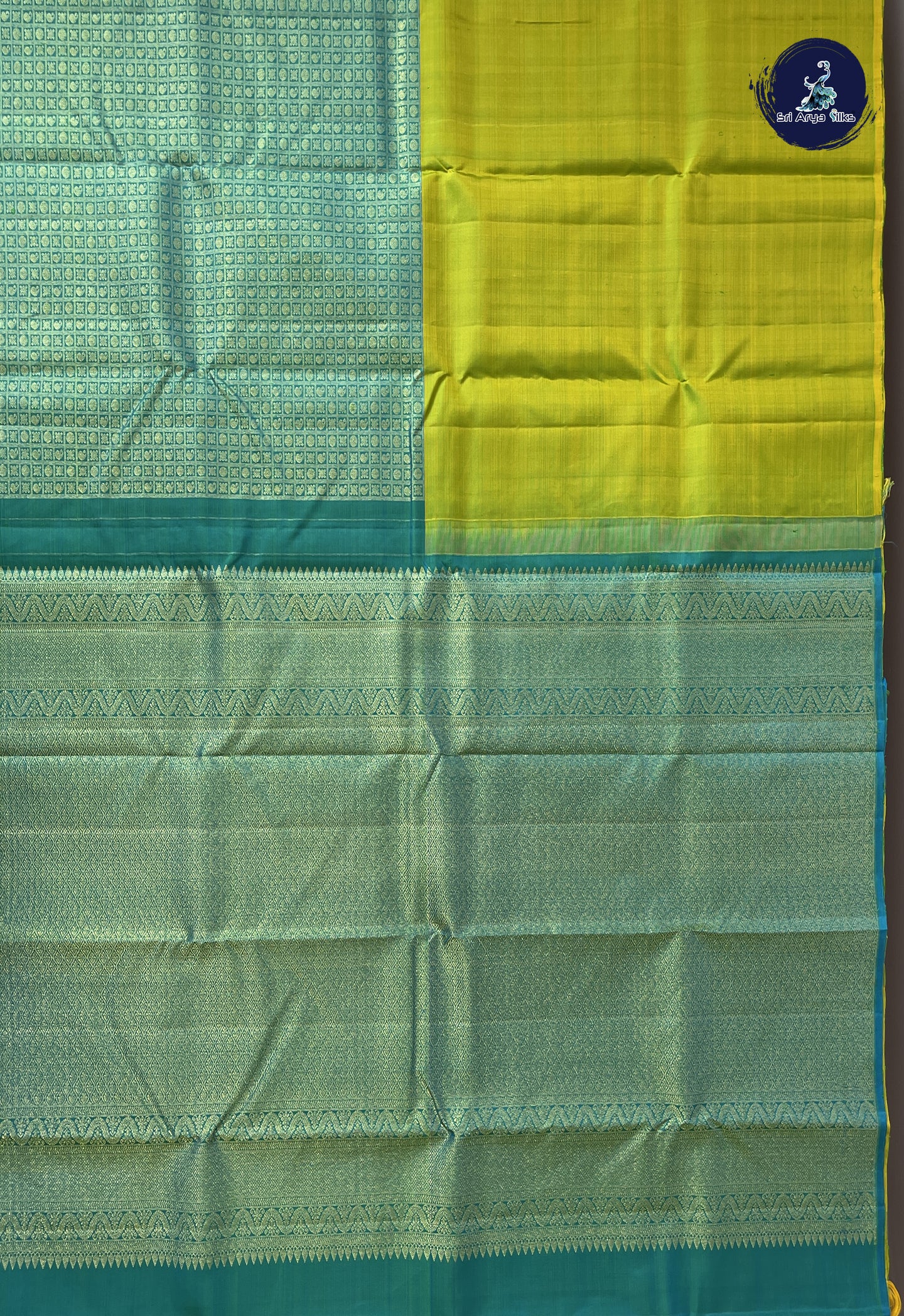 Yellowish Green Half and Half Checked Silk Saree With Jacquard Pattern