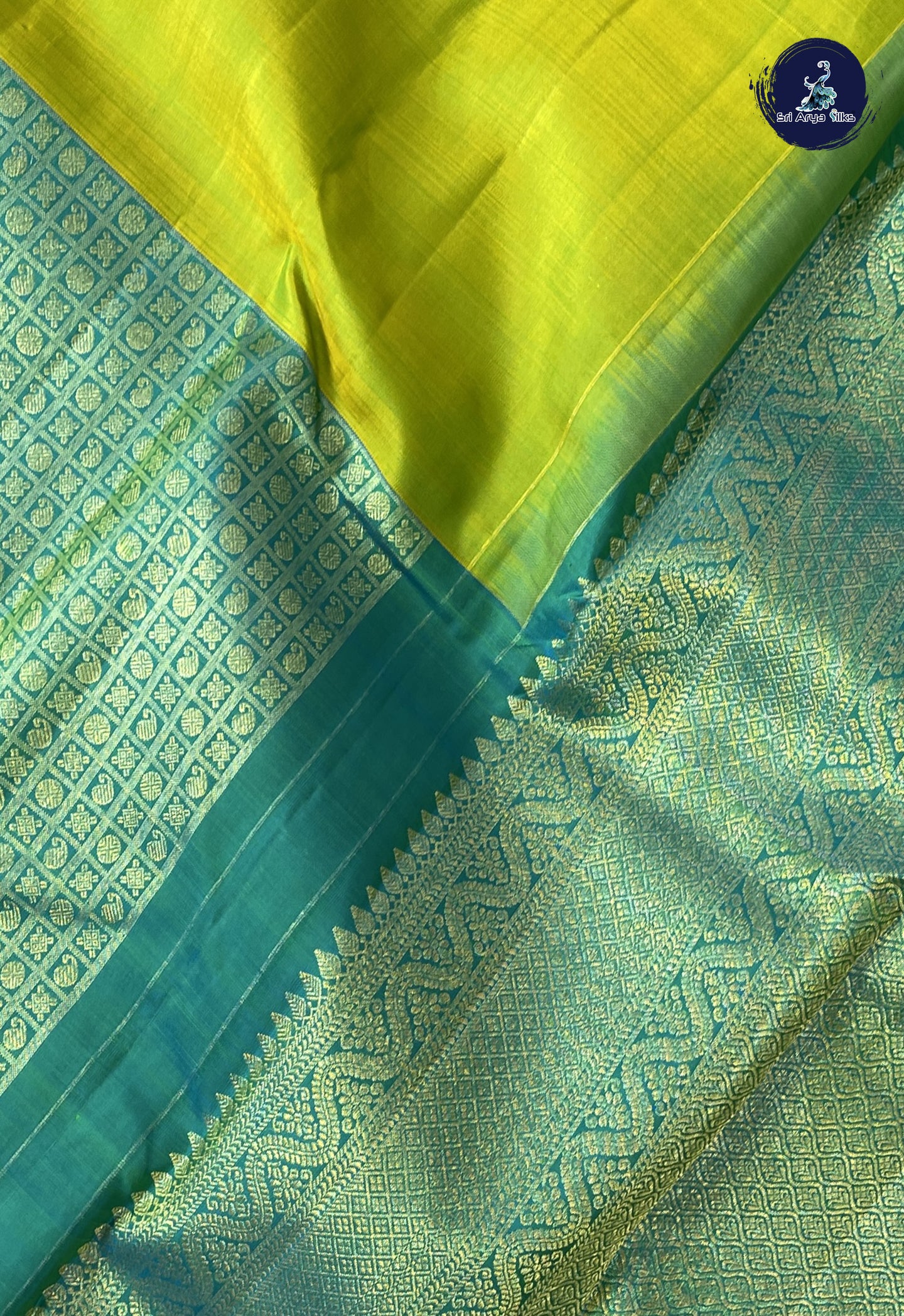 Yellowish Green Half and Half Checked Silk Saree With Jacquard Pattern