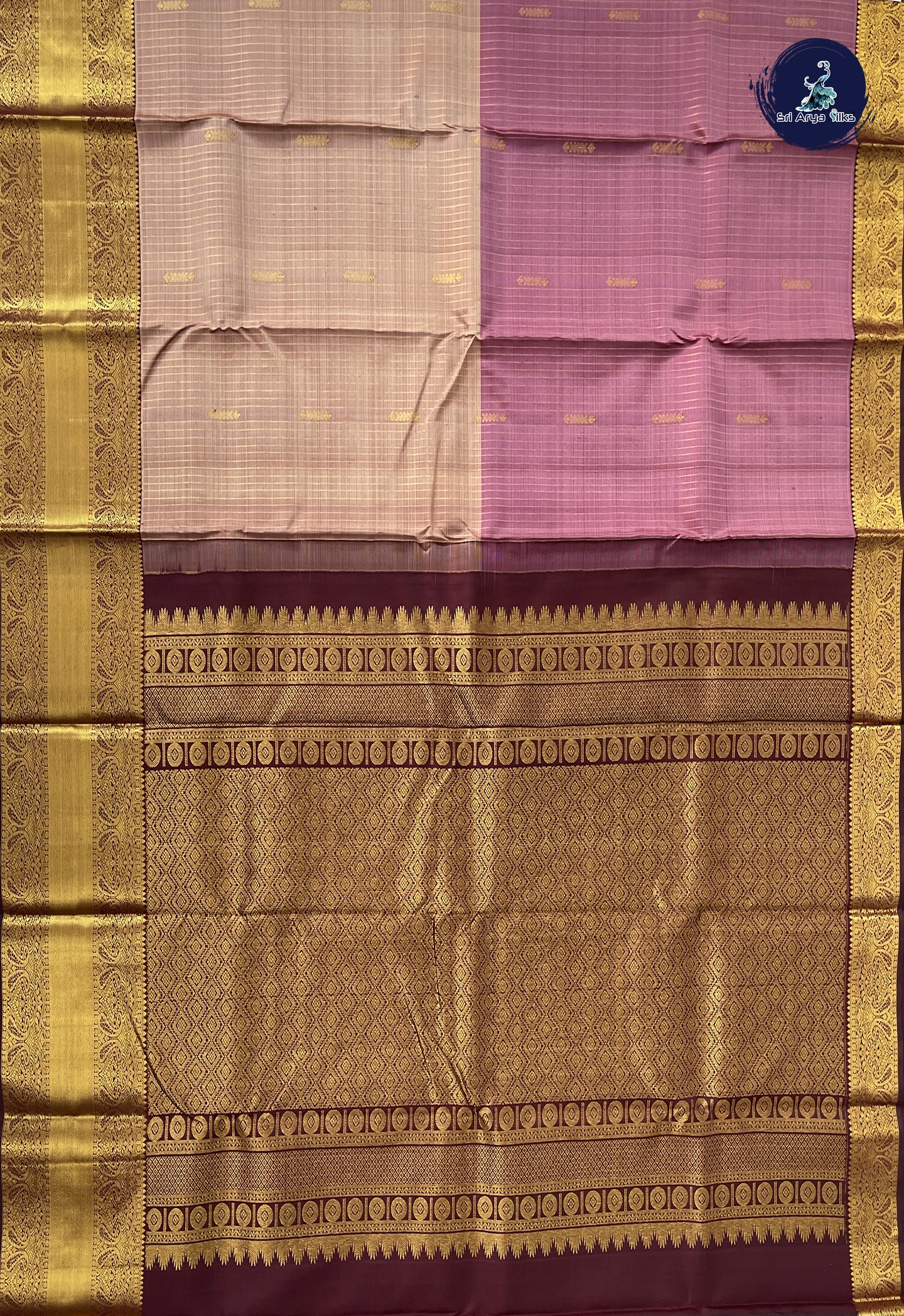 Mauve Pink Half and Half Checked Silk Saree With Stripes Pattern