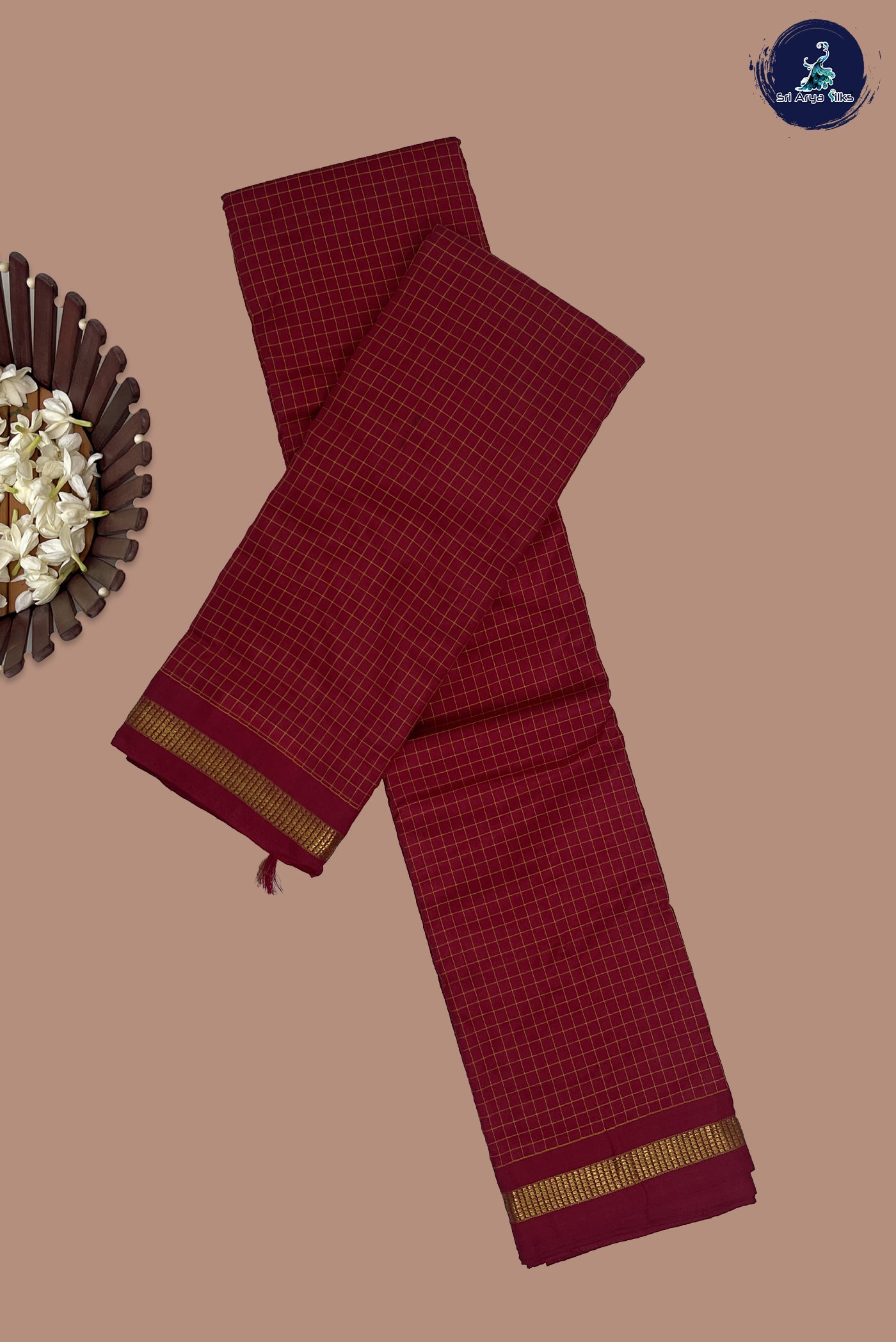 Maroon Light Weight Silk Saree With Checked Pattern