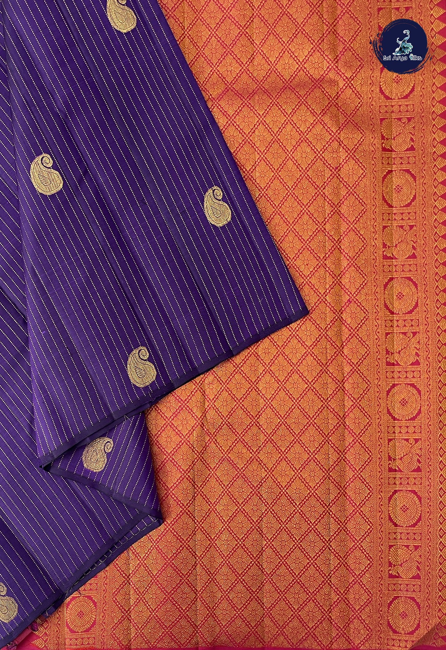 Dark Violet Without Border Saree With Stripes Pattern