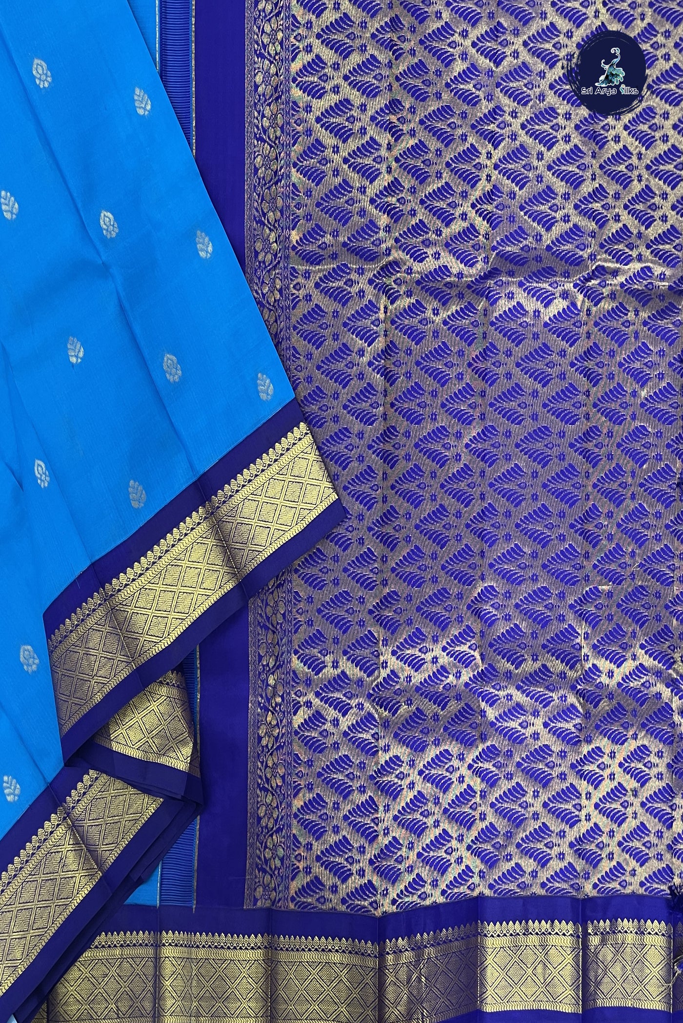 Copper Sulphate Blue Korvai Contrast Silk Saree With Zari Buttas Pattern
