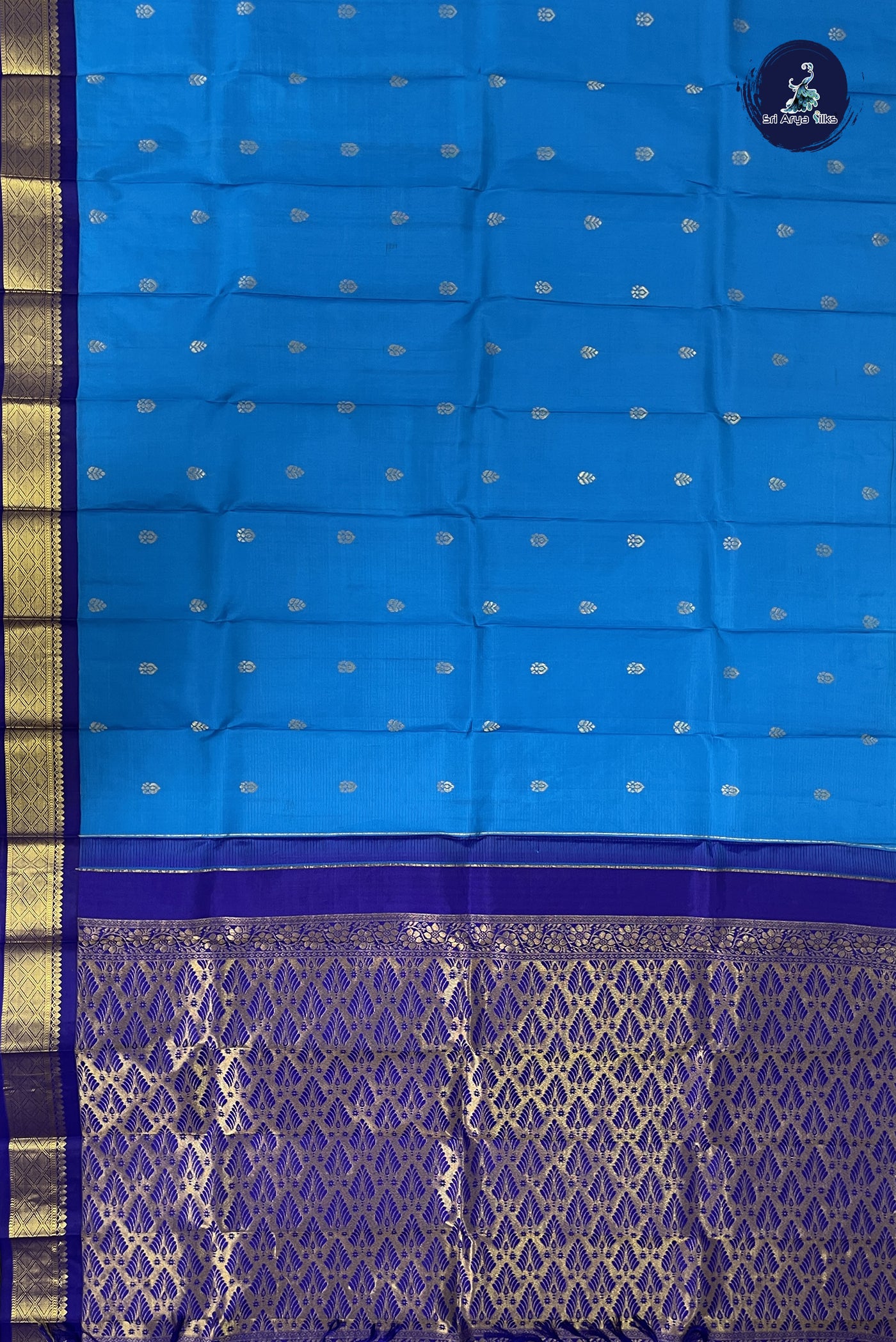Copper Sulphate Blue Korvai Contrast Silk Saree With Zari Buttas Pattern