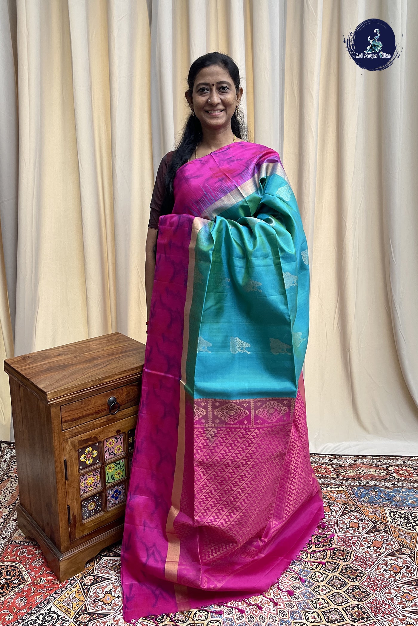 Greenish Blue Soft Silk Saree With Zari Buttas Pattern