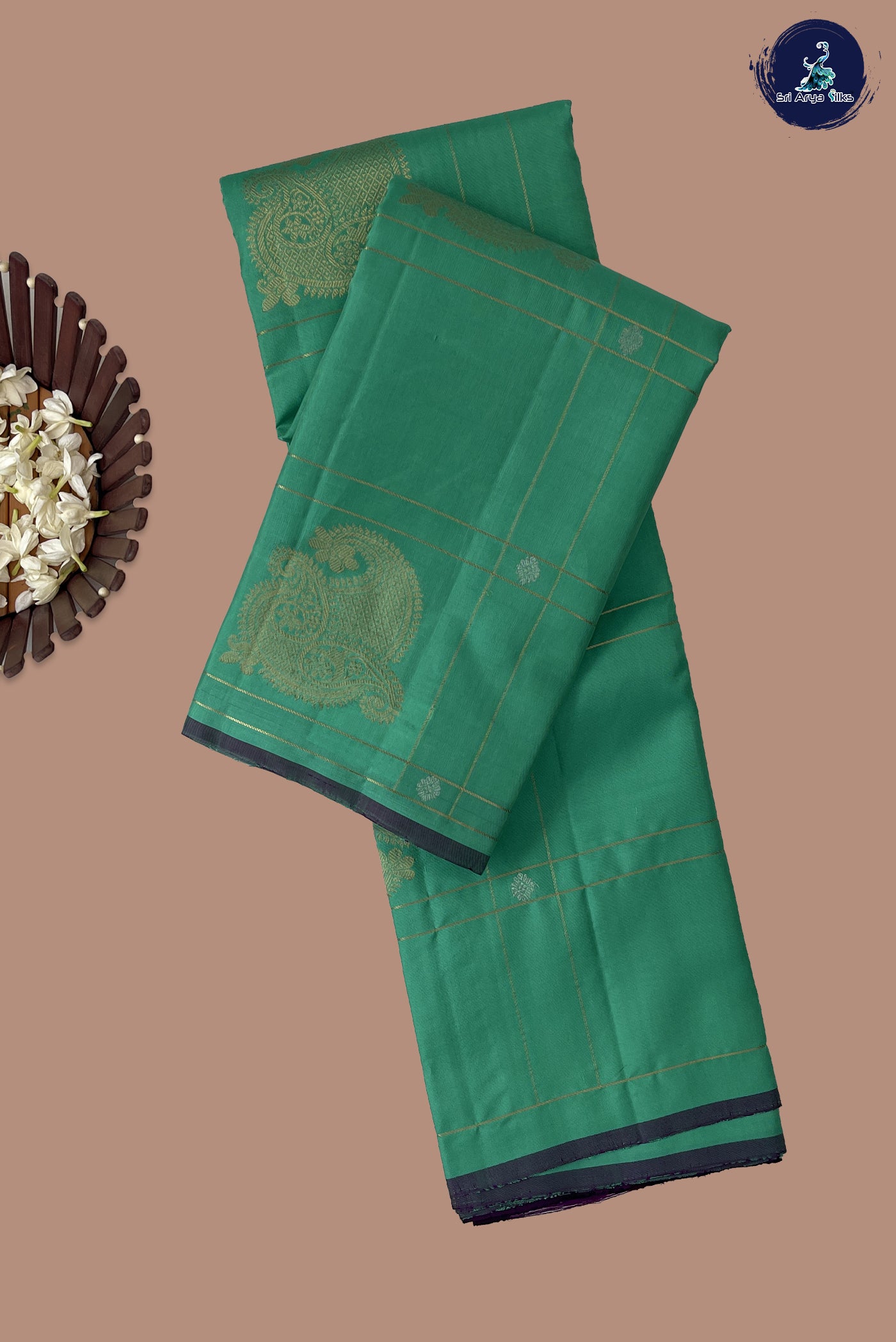 Sea Green Soft Silk Saree With Zari Checked Pattern