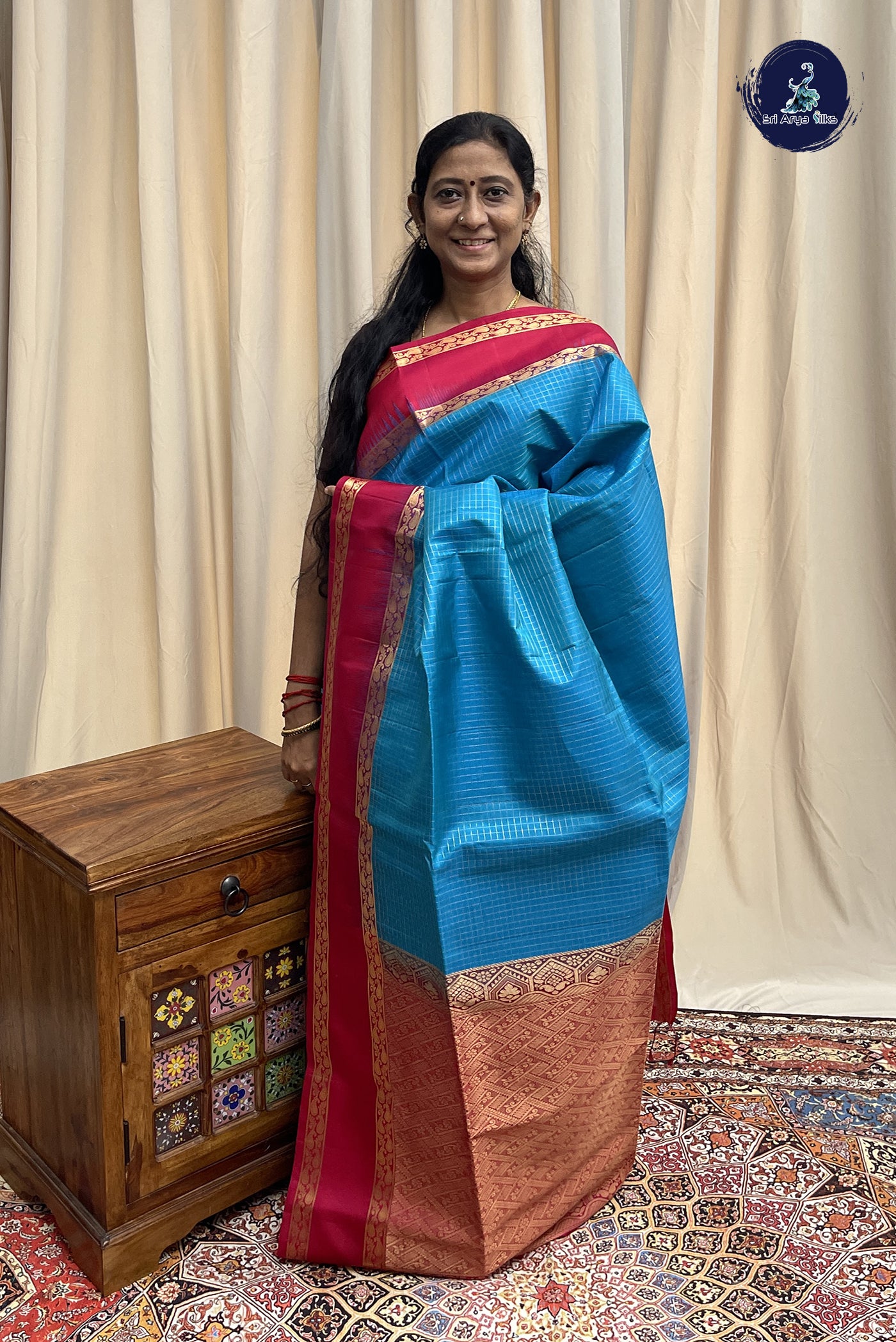 Copper Sulphate Blue Soft Silk Saree With Zari Checked Pattern