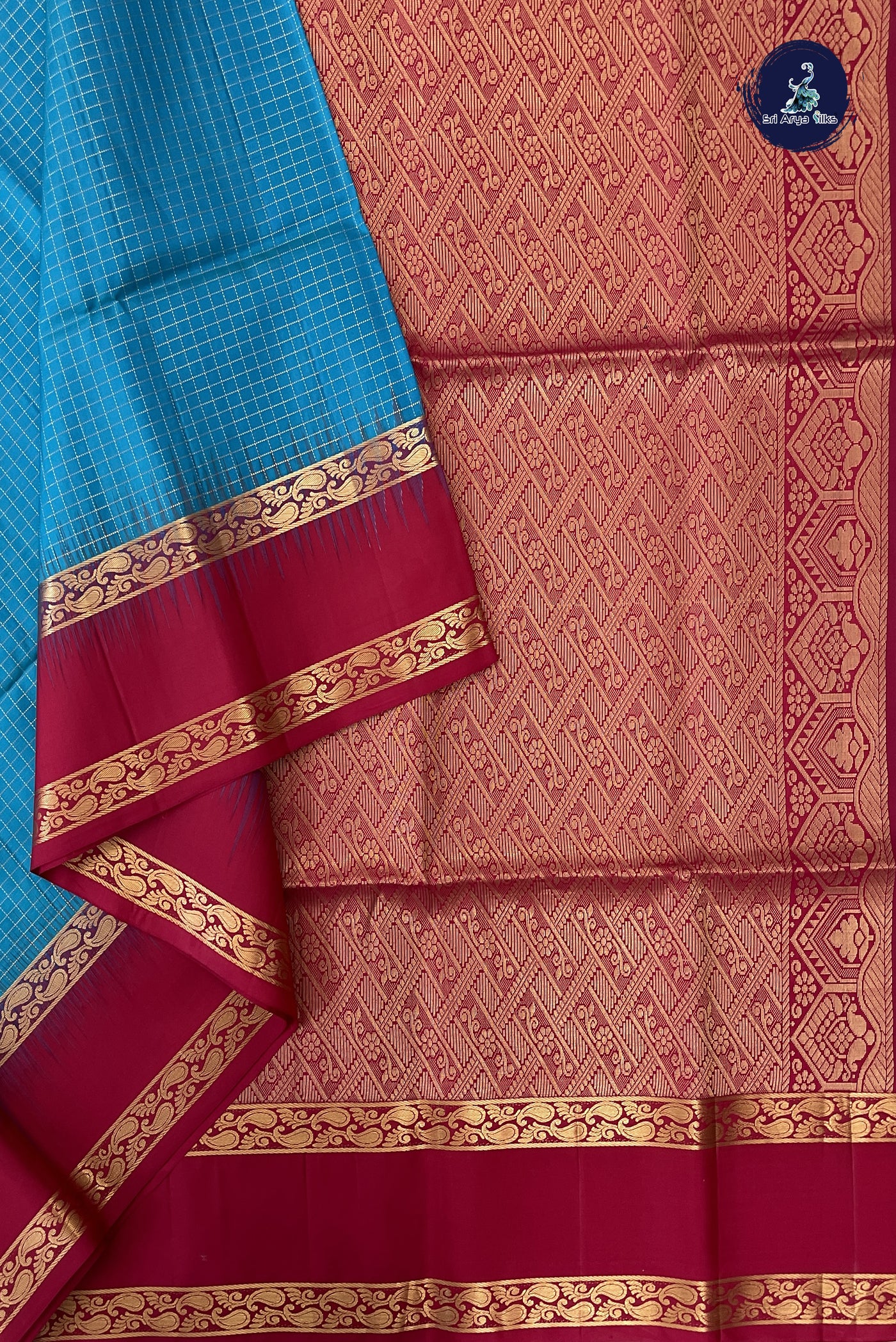 Copper Sulphate Blue Soft Silk Saree With Zari Checked Pattern