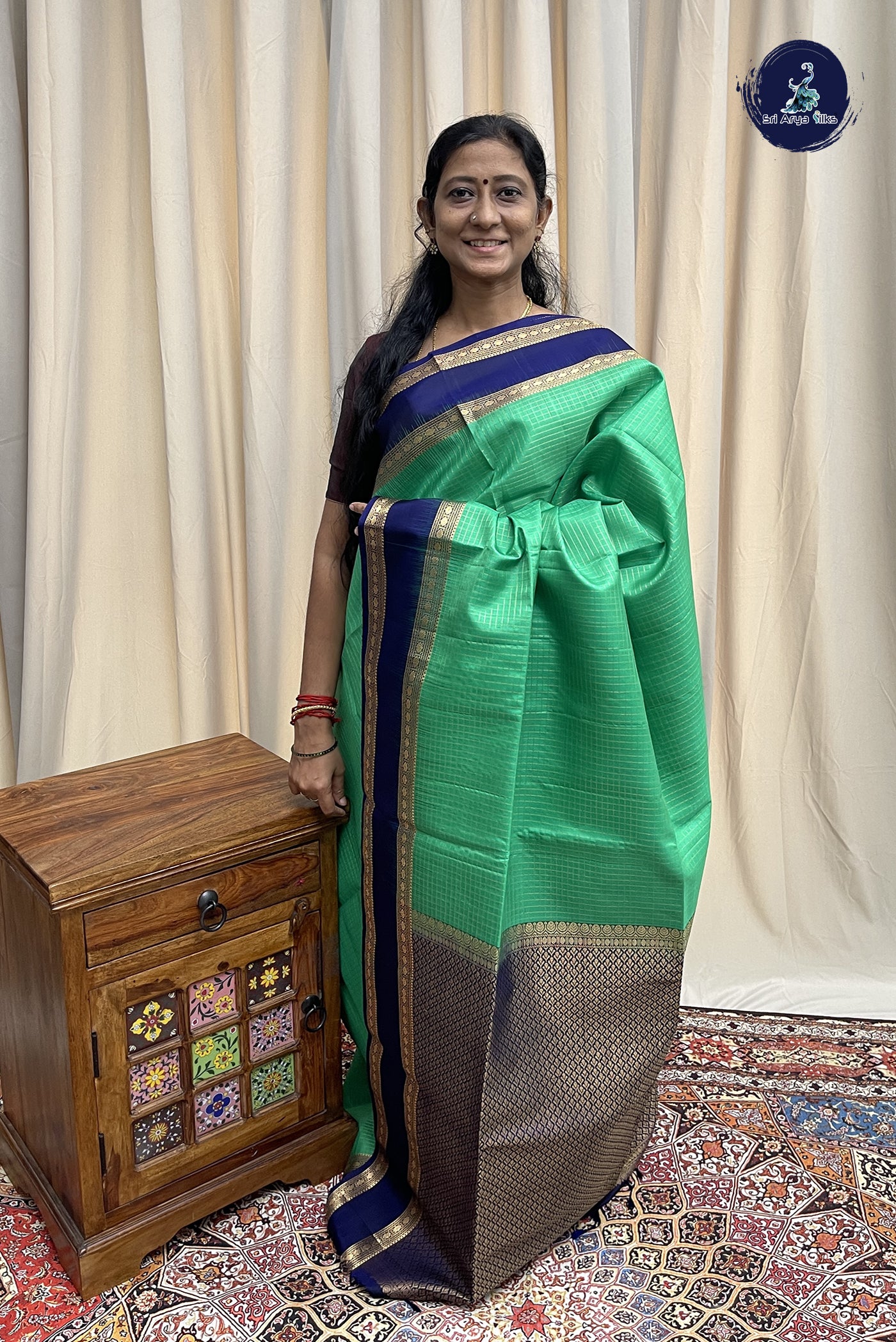 Green Soft Silk Saree With Zari Checked Pattern