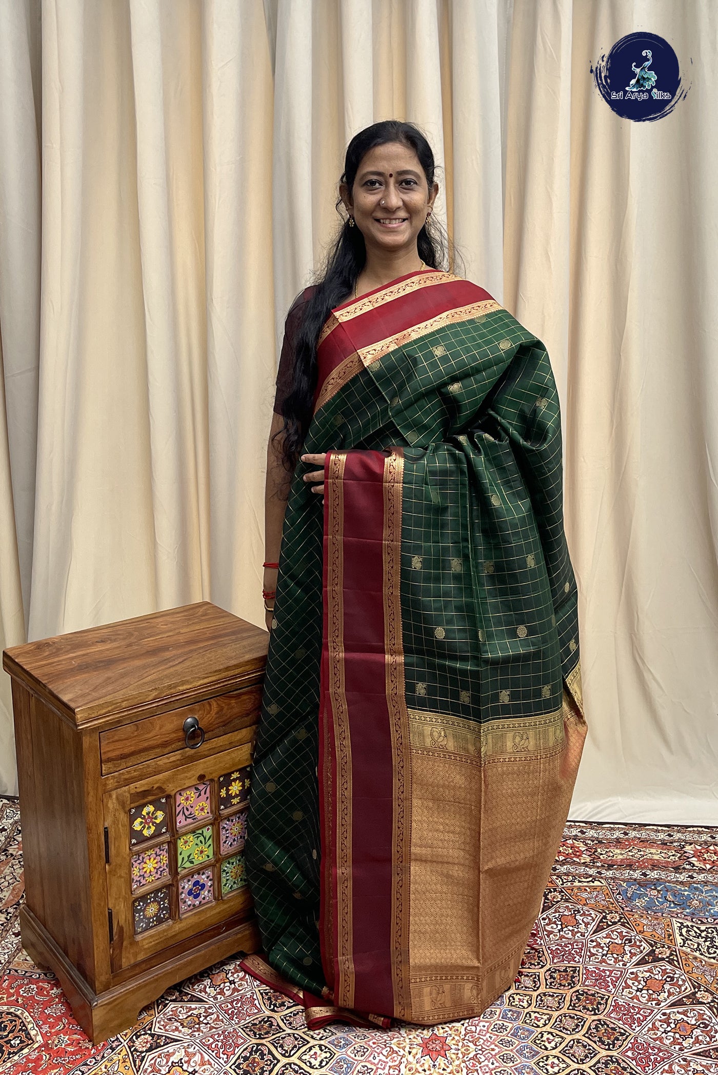 Bottle Green Soft Silk Saree With Zari Checked Pattern