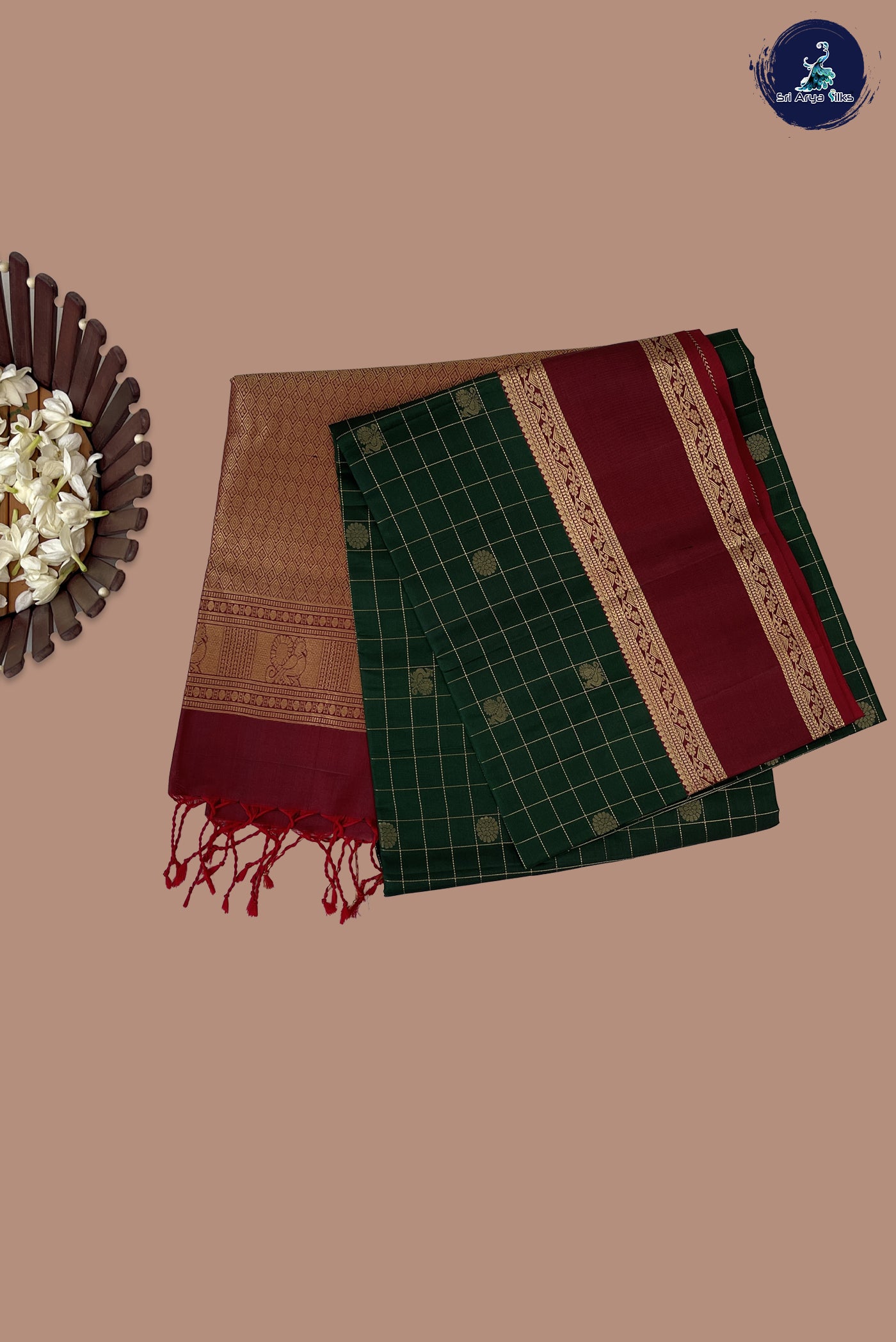 Bottle Green Soft Silk Saree With Zari Checked Pattern