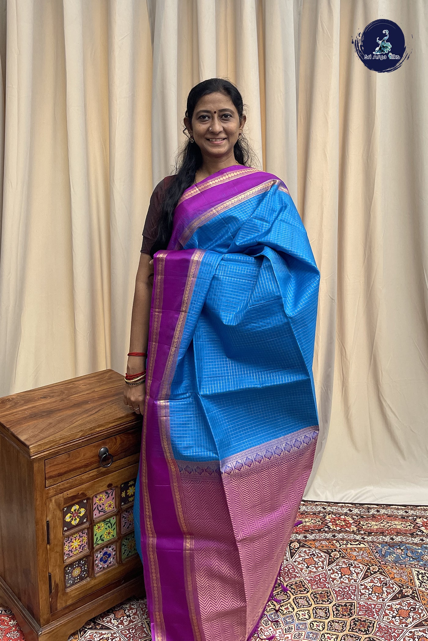 Blue Soft Silk Saree With Zari Checked Pattern