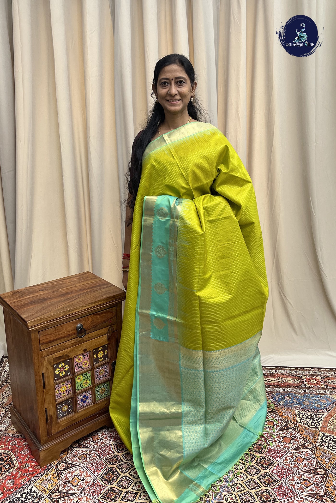 Lime Green Soft Silk Saree With Zari Checked Pattern