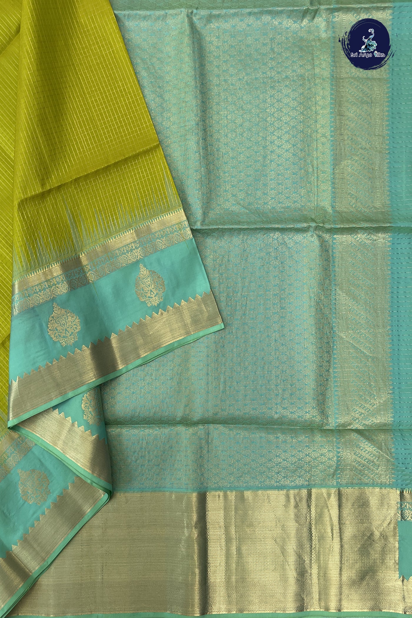Lime Green Soft Silk Saree With Zari Checked Pattern
