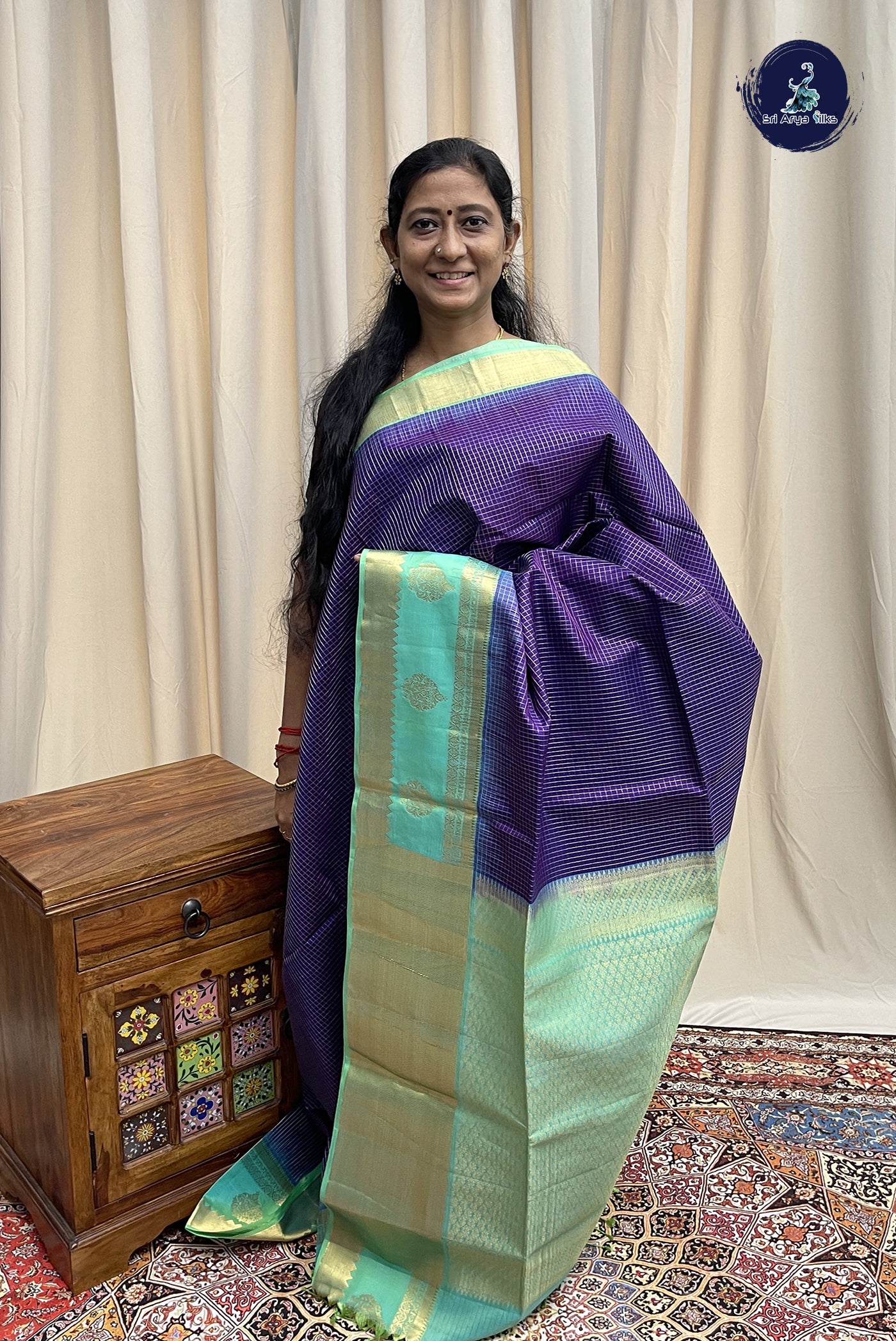 Violet Soft Silk Saree With Zari Checked Pattern