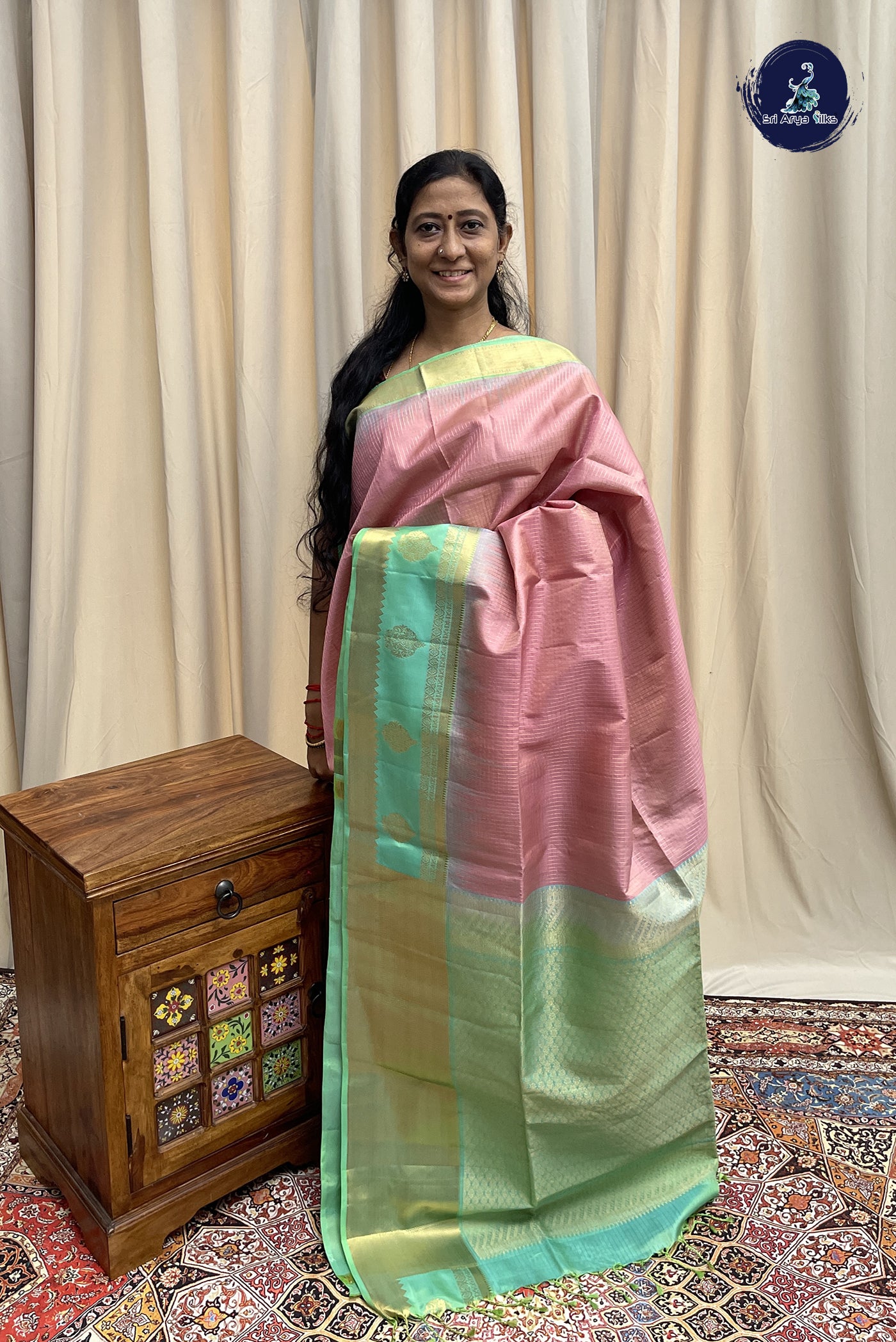 Light Pink Soft Silk Saree With Zari Checked Pattern
